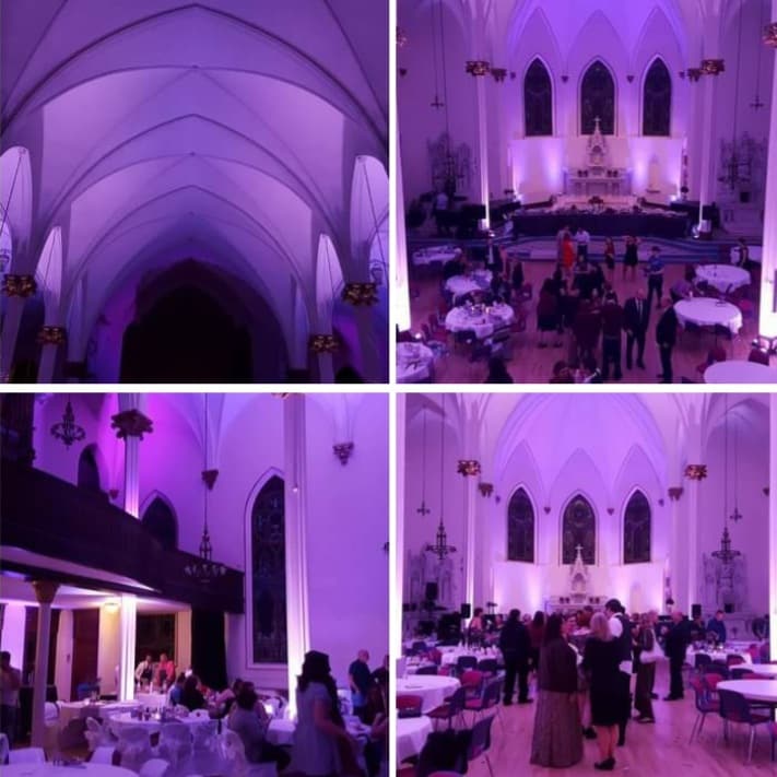 Wedding lighting at Sacred Heart by Duluth Event Lighting