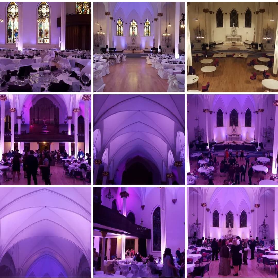 Lavender purple wedding lighting at Sacred Heart.