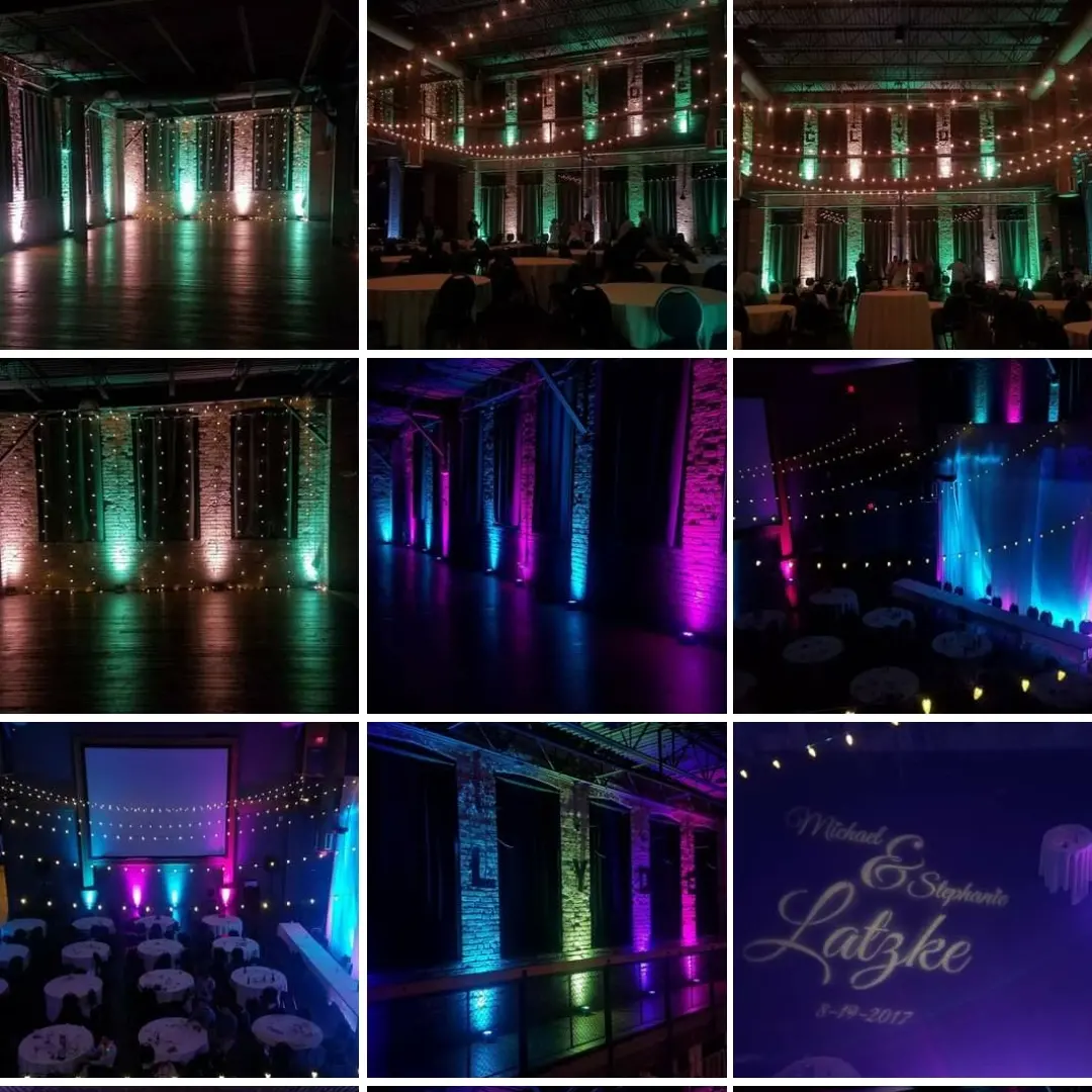 Wedding lighting at Clyde Iron Works by Duluth Event Lighting.