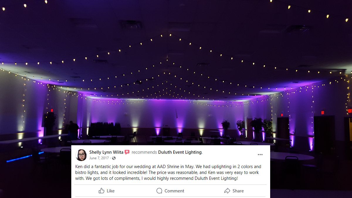 Wedding lighting at the AAD Shrine in Hermantown. Up lighting in purple and soft white with bistro.