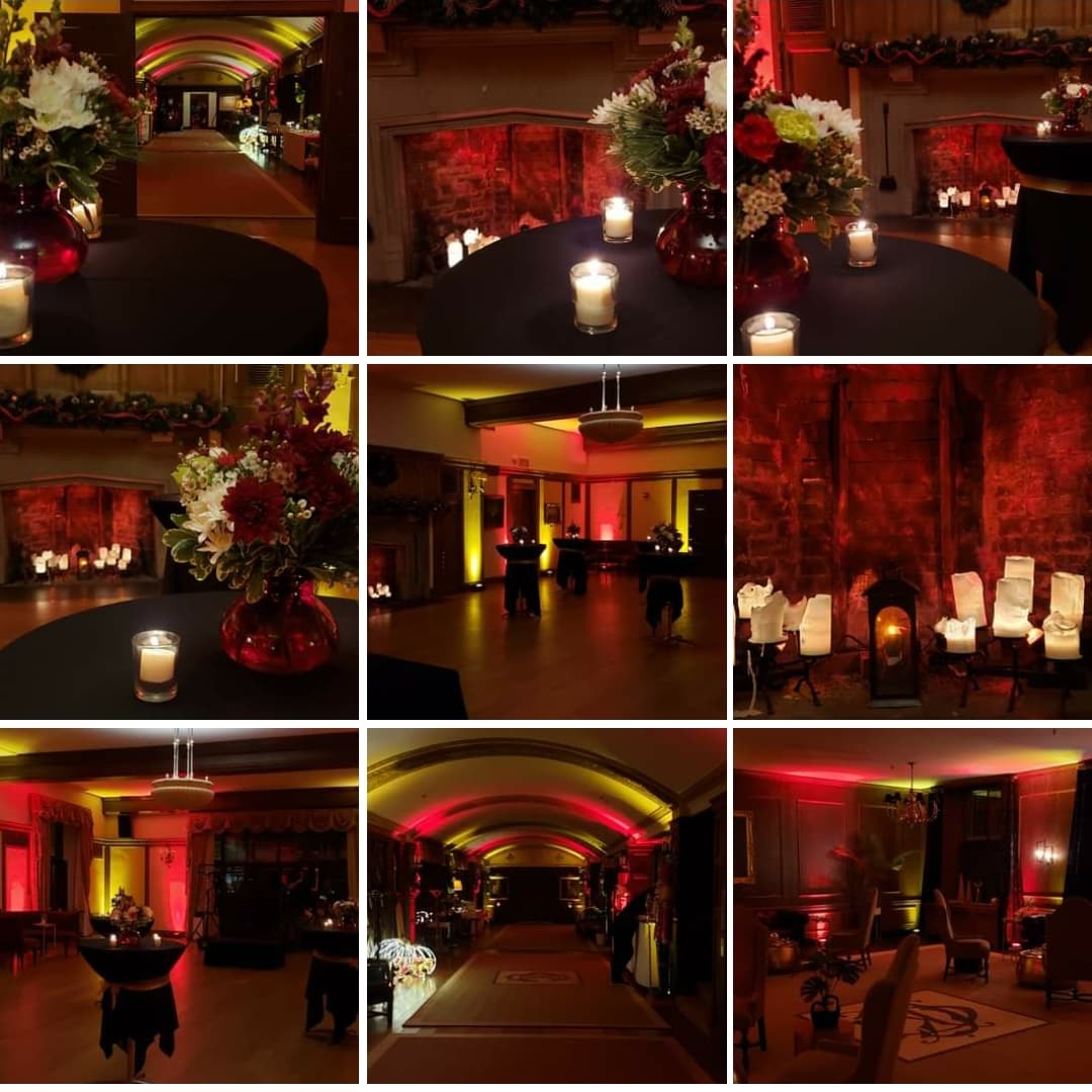 Kitchi Gammi Club wedding lighting in gold and red up lighting by Duluth Event Lighting.