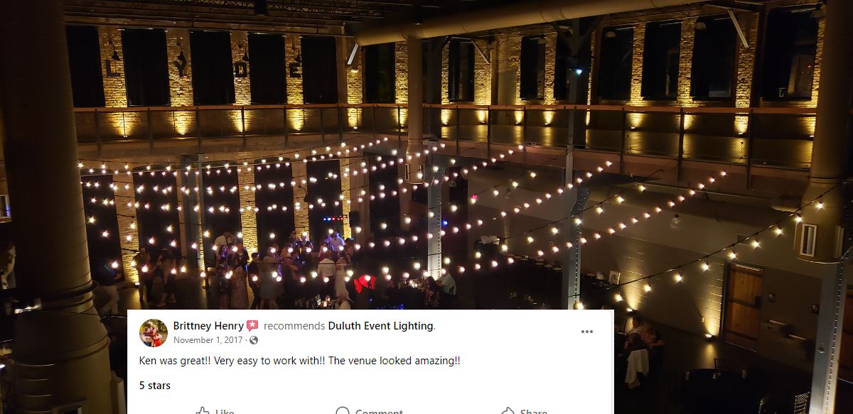 Clyde Iron Works wedding with champagne up lighting and extra bistro.