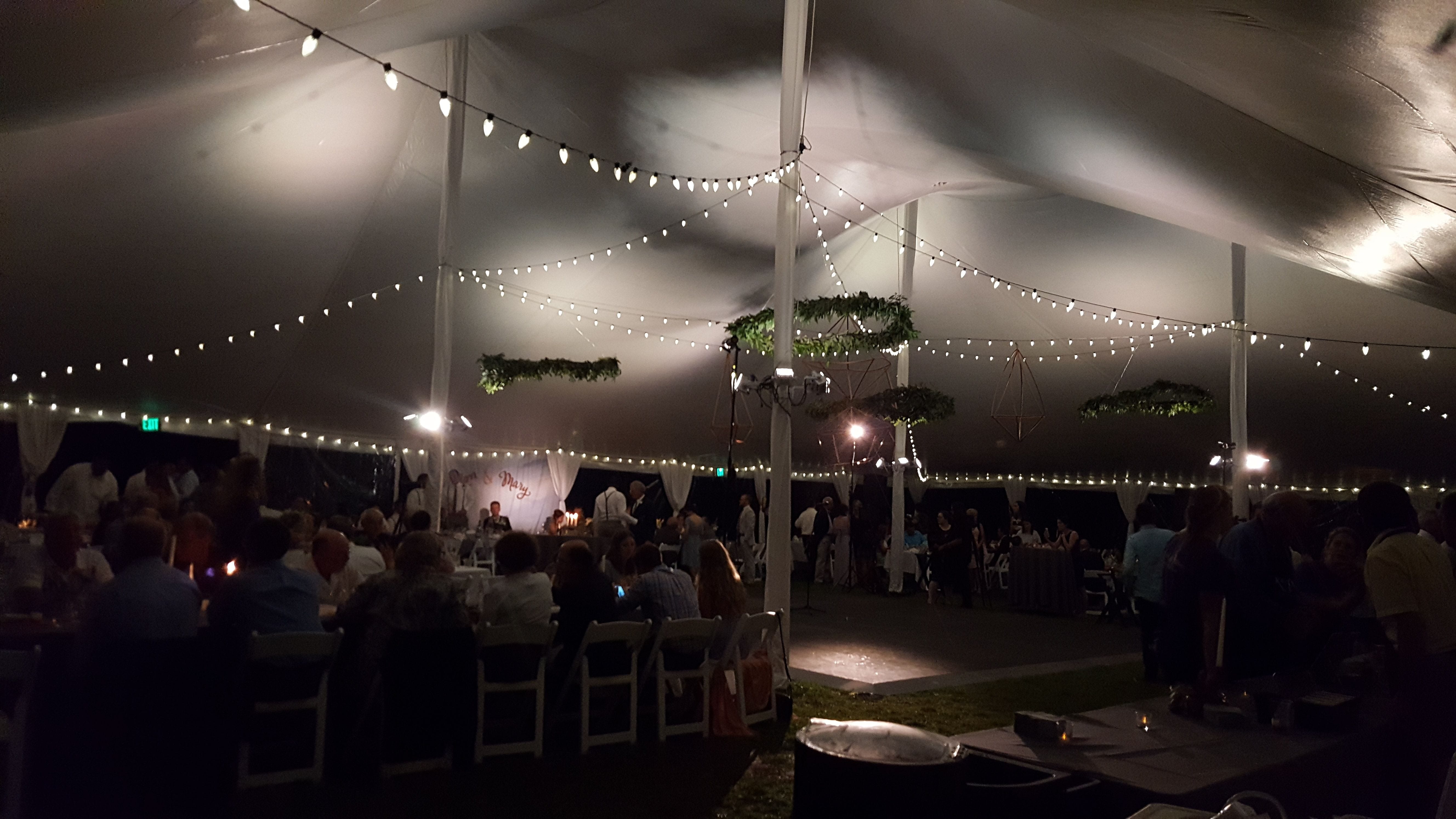 Tent wedding lighting. Up lighting in a soft white with bistro.
