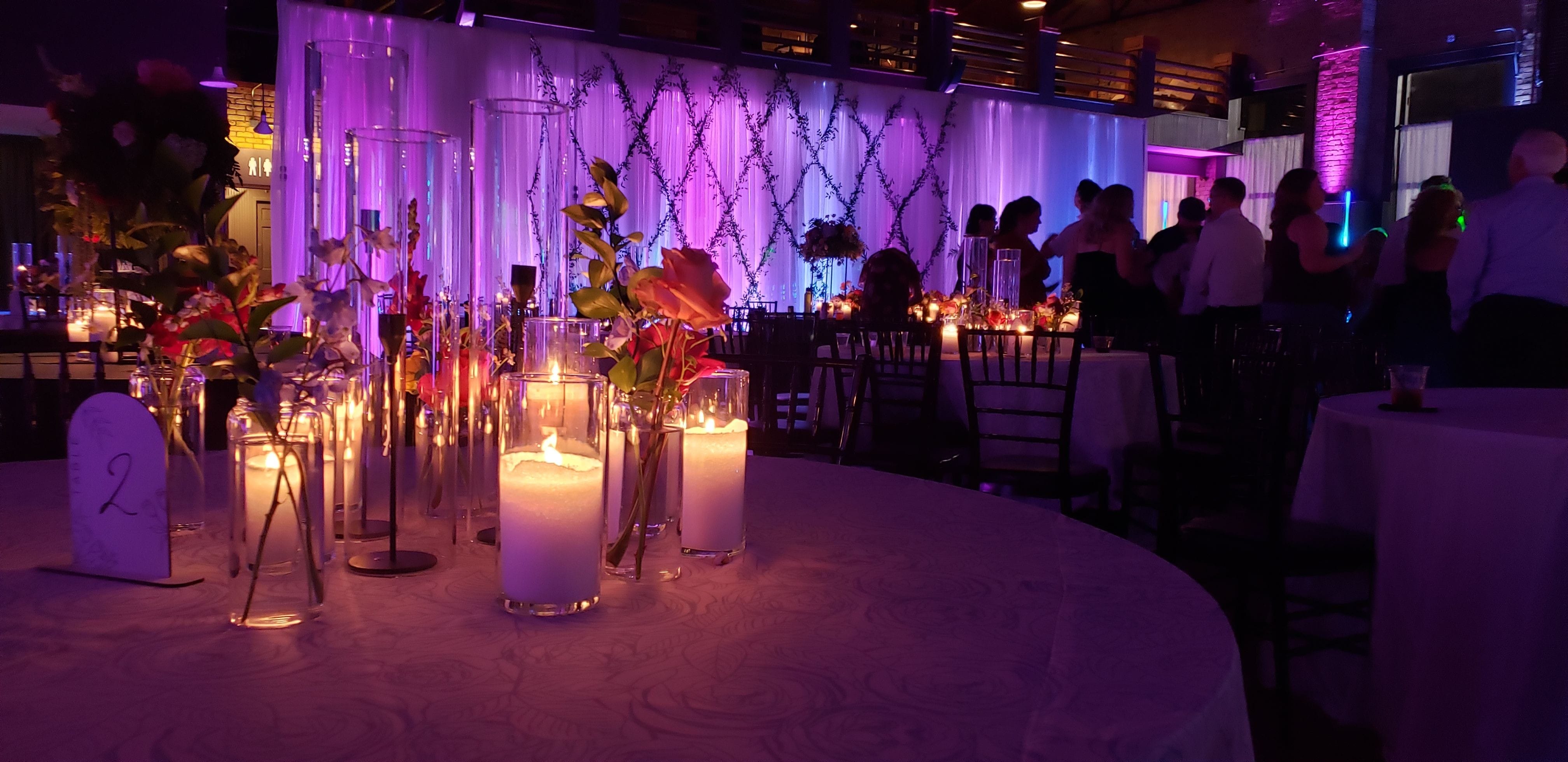 wedding lighting at The Garden in Canal Park. Up lighting in dusty blue, lavender pink, and magenta by Duluth Event Lighting.