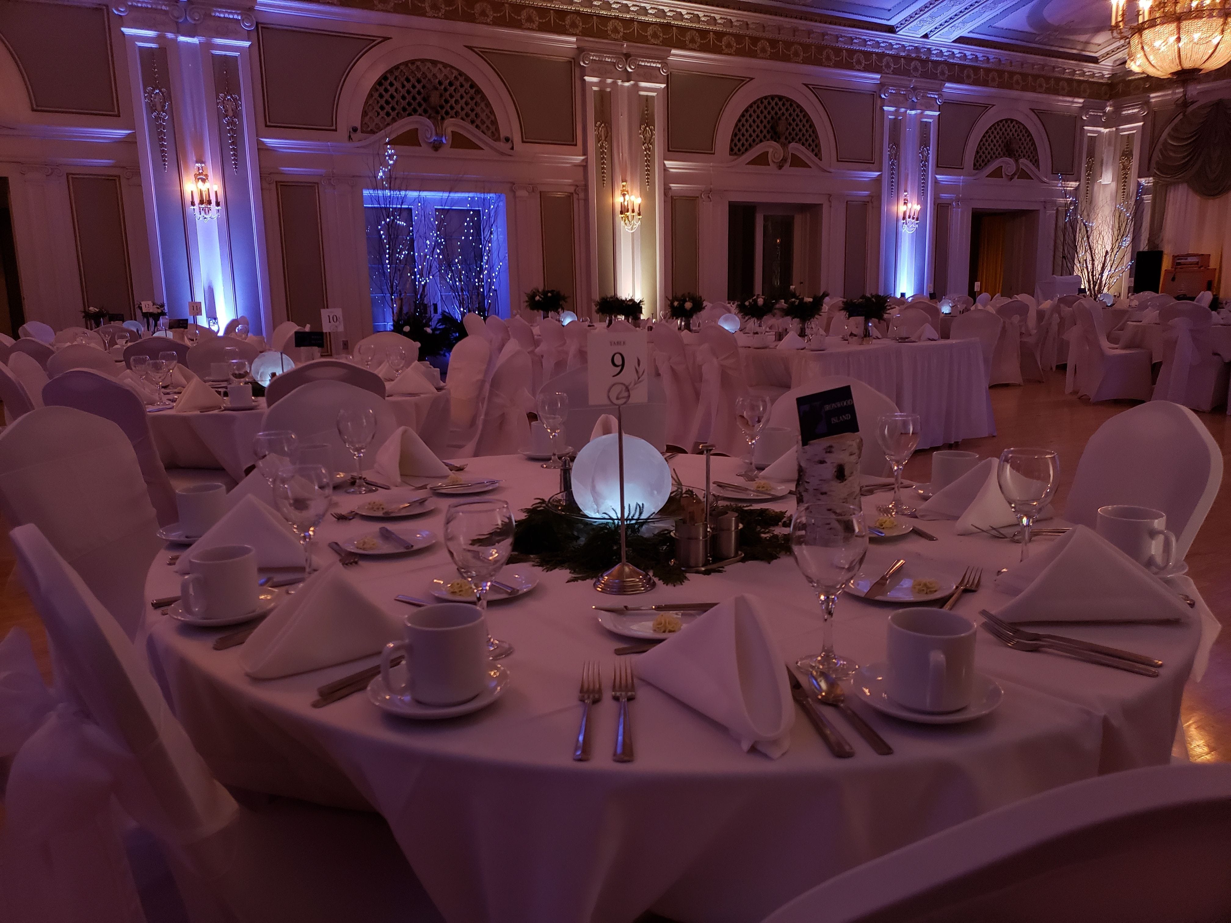 Wedding lighting at Greysolon Ballroom. Up lighting in ice blue and soft white.