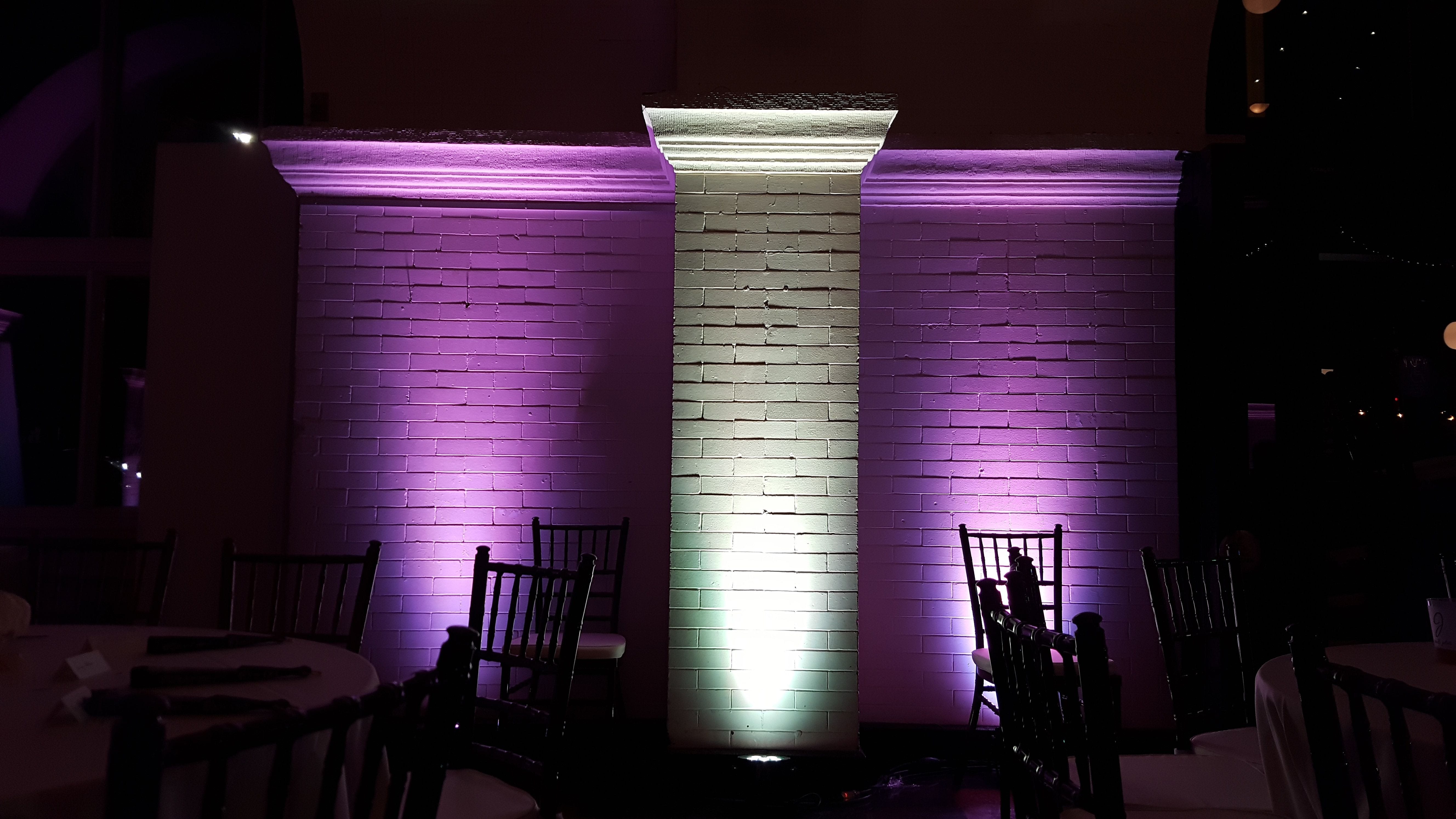 Wedding lighting at the Depot with lavender pink and soft white at the Depot.