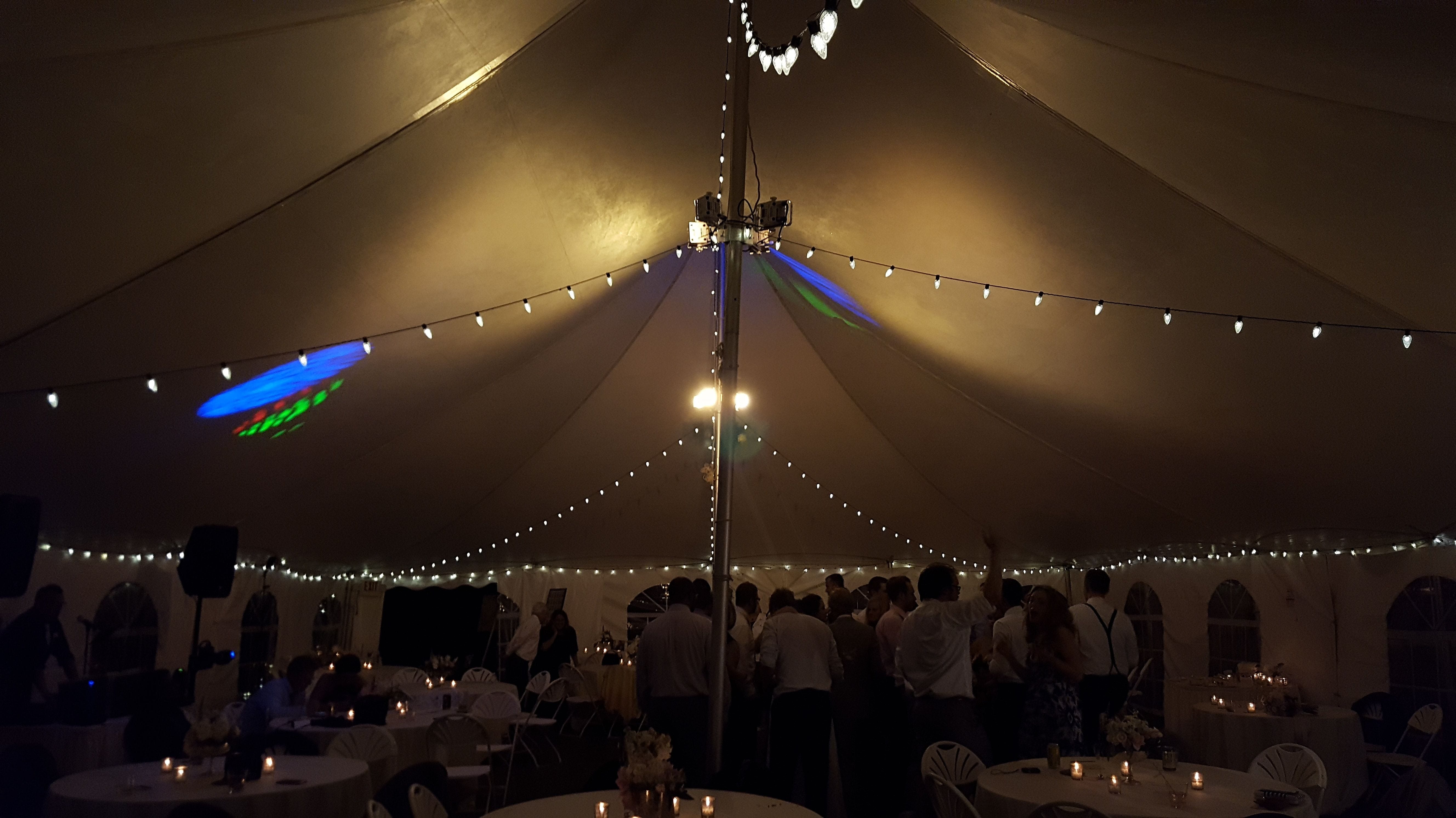 Tent wedding lighting. Up lighting in champagne white with bistro.