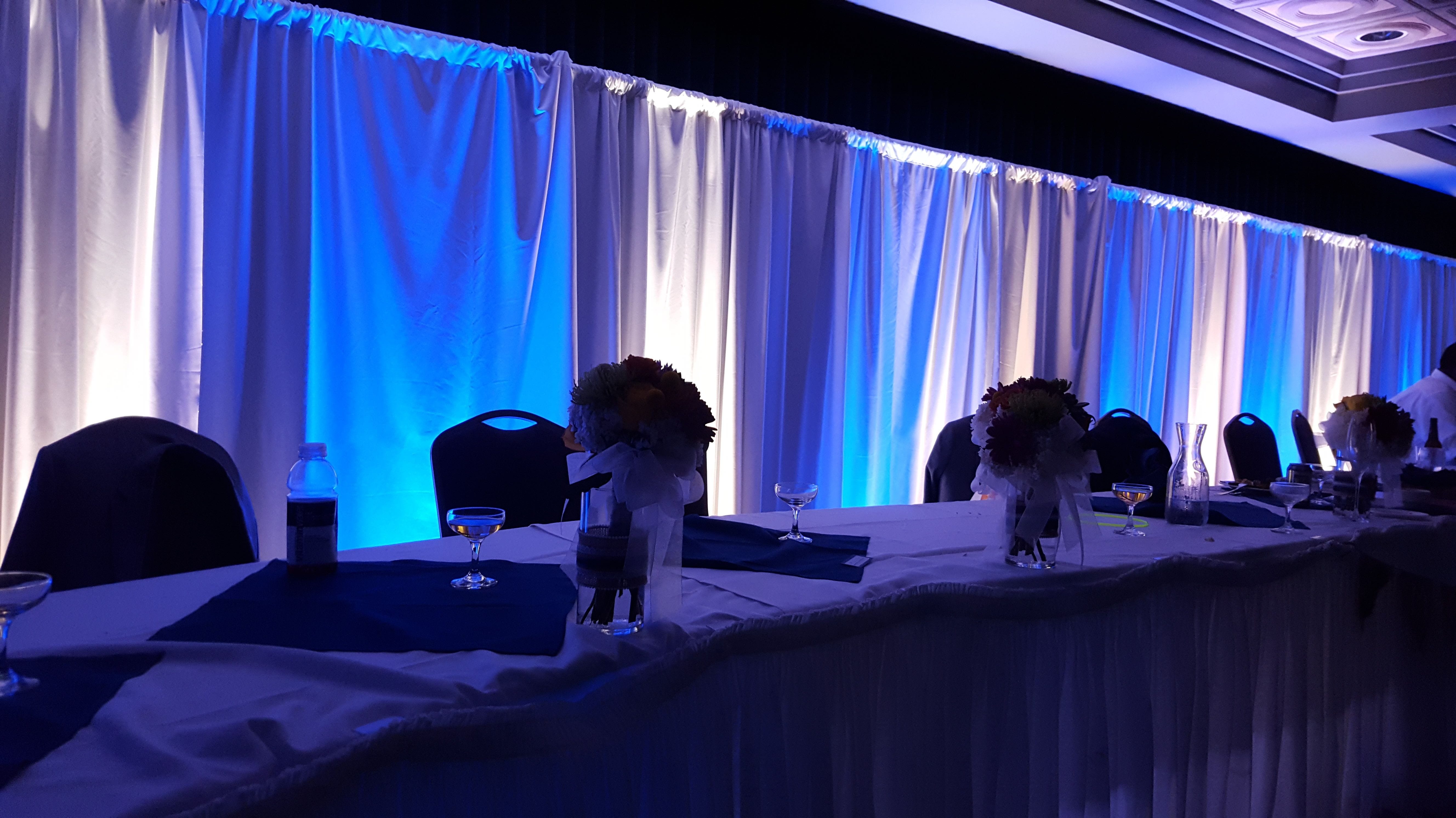 Head Table backdrop lighting at Kirby Ballroom in blue and white.