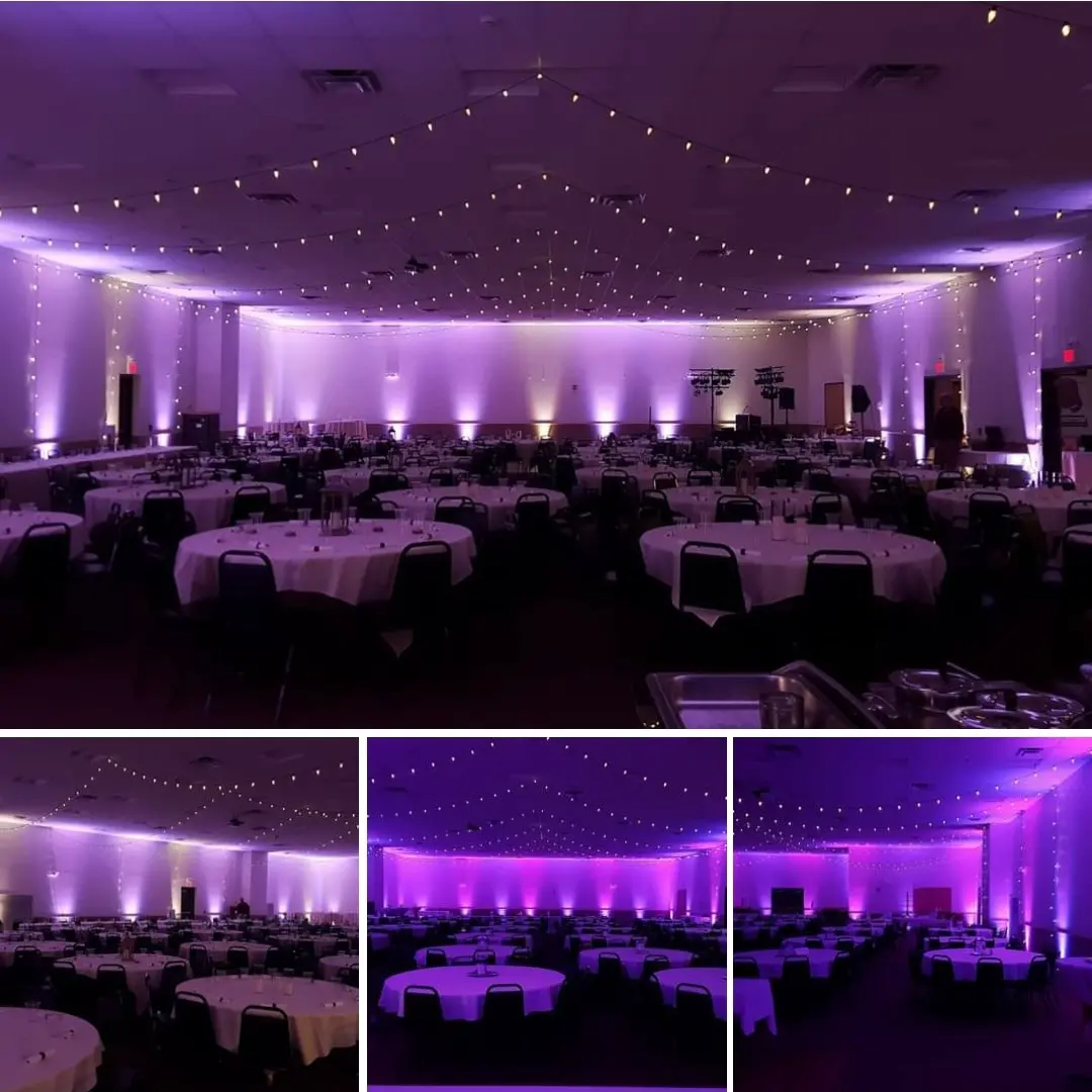 Wedding lighting at the AAD Shrine in Hermantown by Duluth Event Lighting.