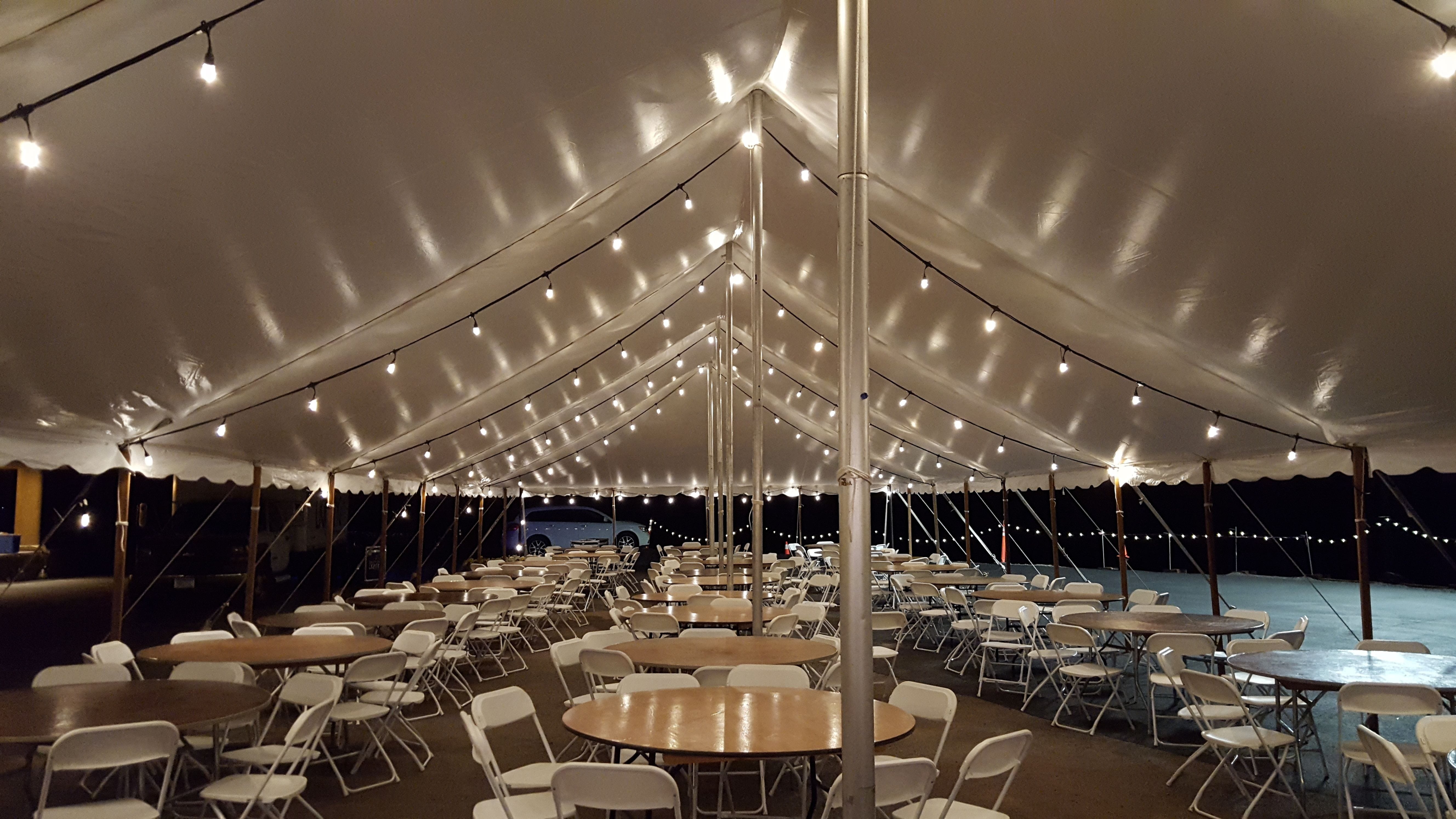 Mont Du Lac Tent wedding lighting with bistro.