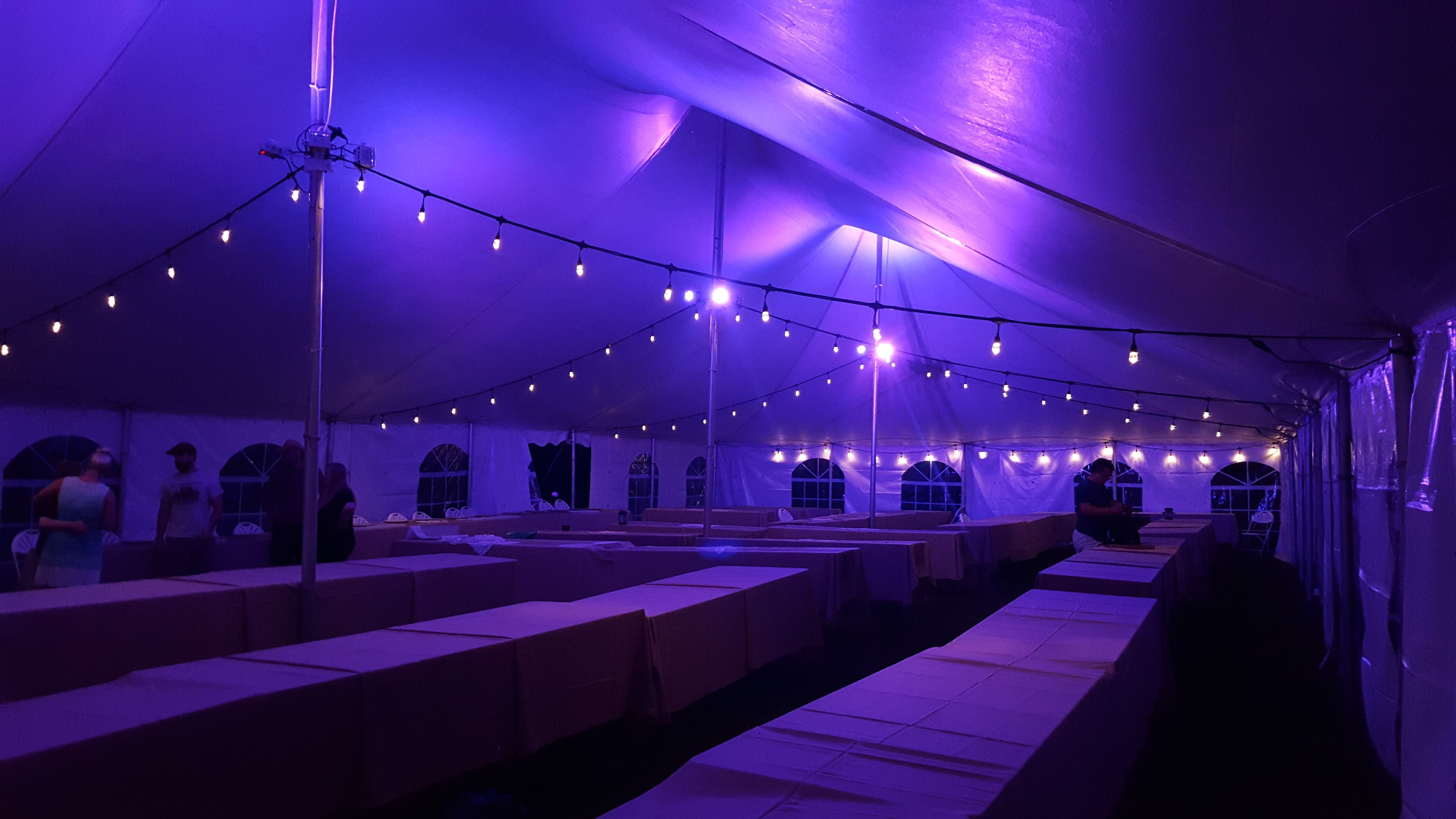 Tent wedding lighting. Bistro and purple lighting.