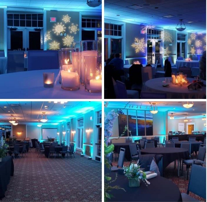 Winter wedding lighting at Northland Country Club with blue up lighting and snowflake gobos