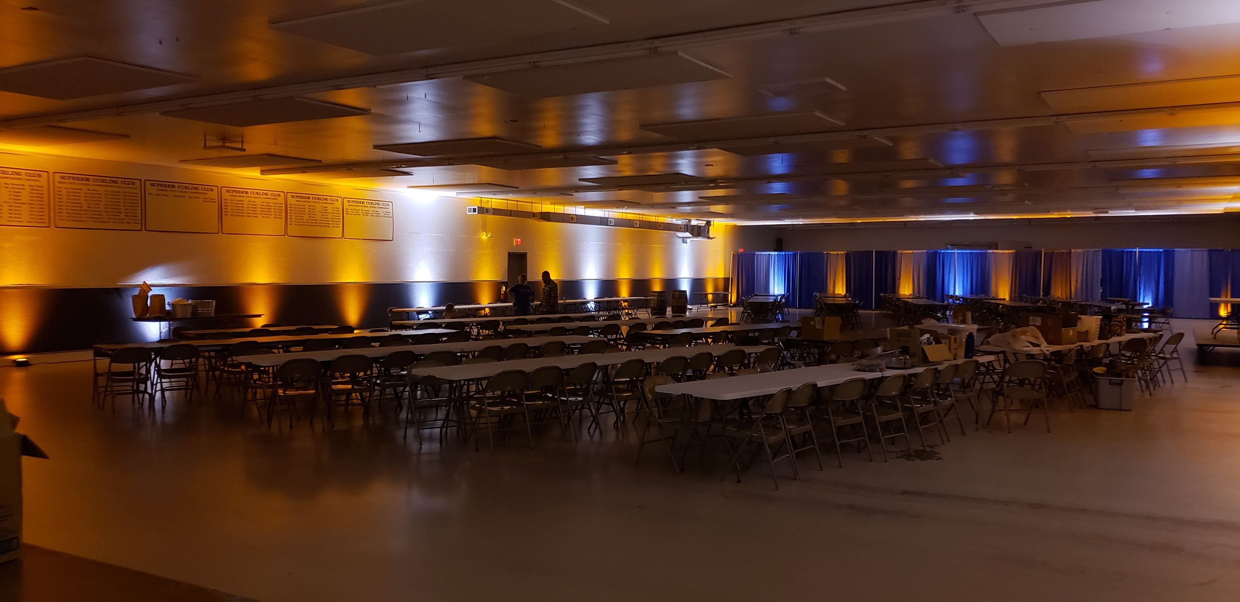 Superior Curling Club.
Up lighting in amber and soft white for a wedding.