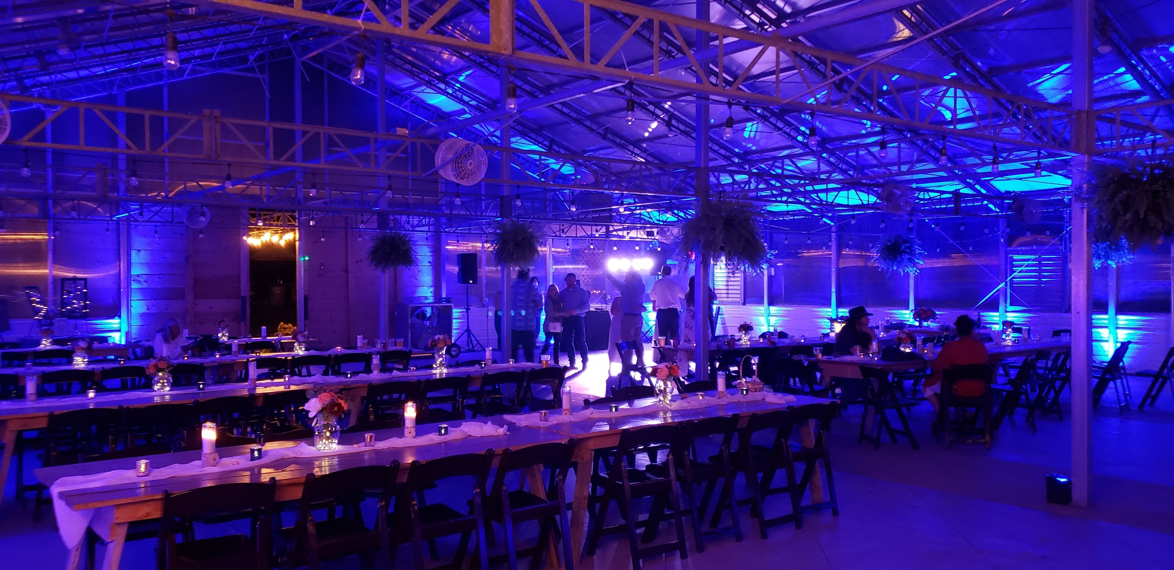 Wedding lighting at the Atrium with blue up lighting by Duluth Event Lighting