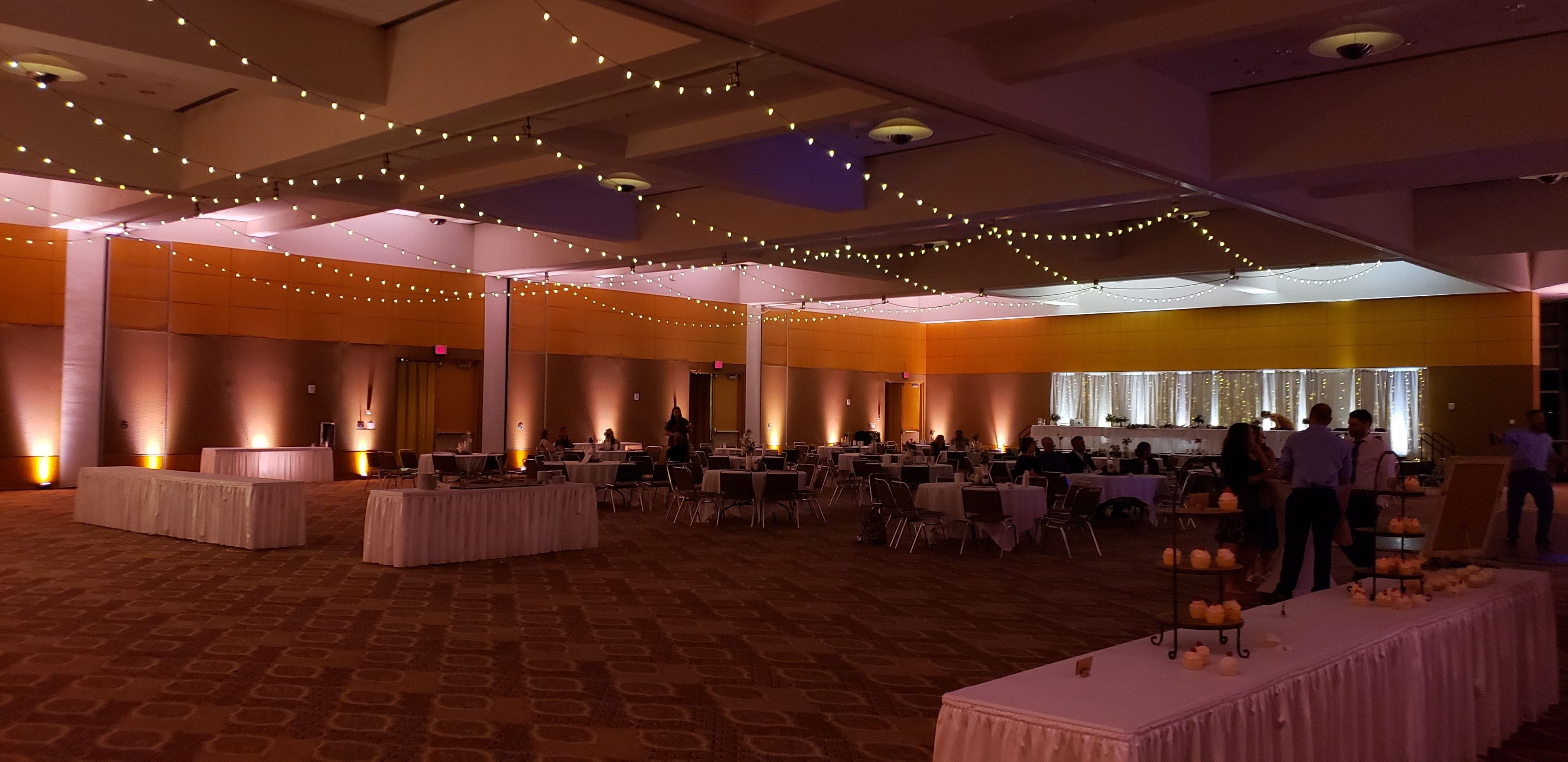 DECC, Harbor Side Ballroom. Wedding lighting in peach and soft white with bistro on the ceiling.