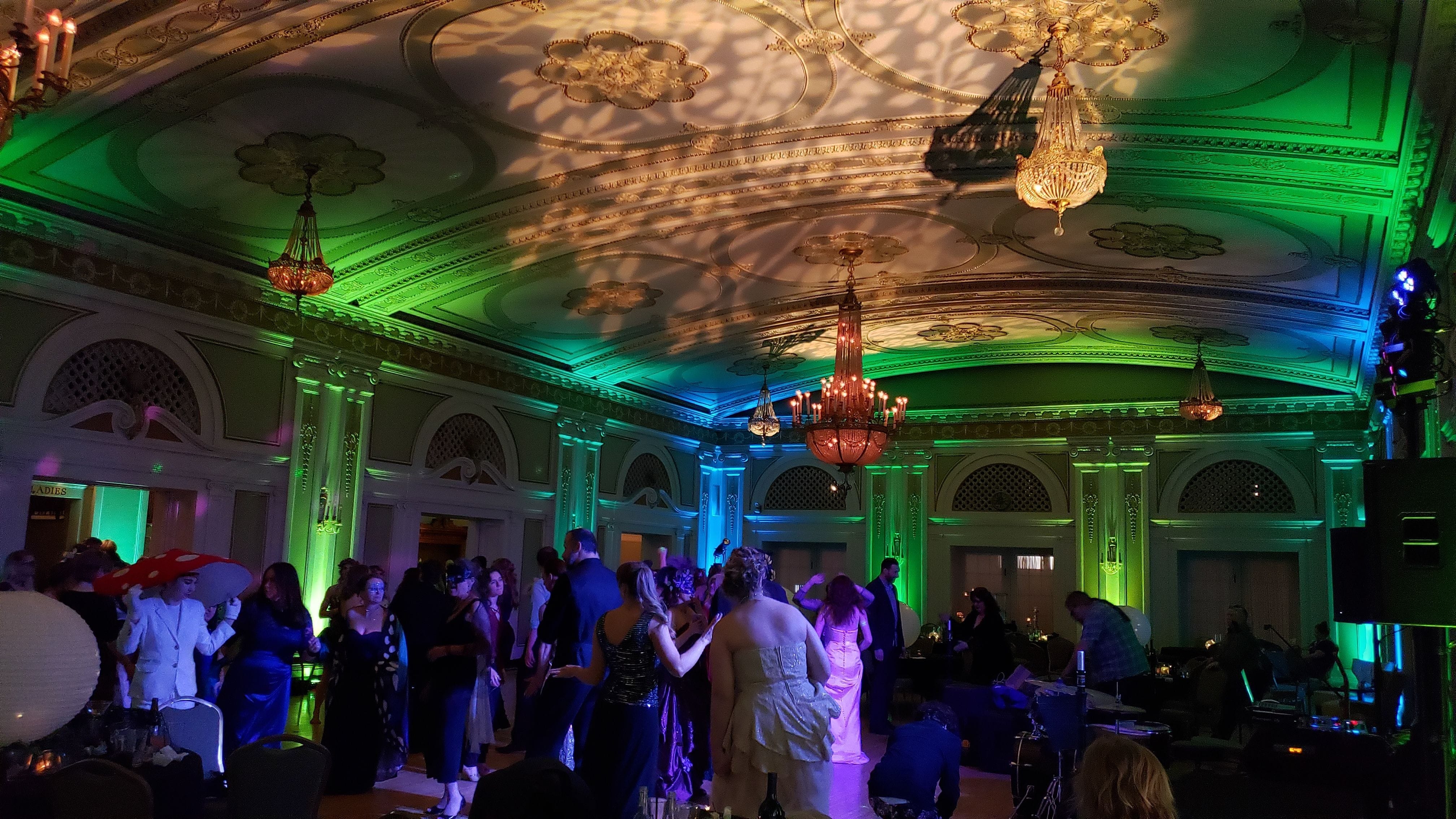 Greysolon Ballroom with a Midsummer Night's Dream themed party. Leaf gobos on ceiling.