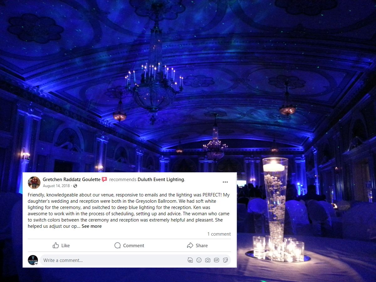 Wedding lighting in Greysolon Ballroom. Up lighting in blue with the Northern Lights on the ceiling.