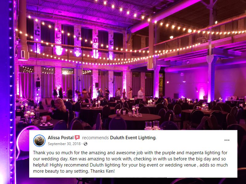 Wedding lighting at Clyde Iron Works with magenta up lighting.
