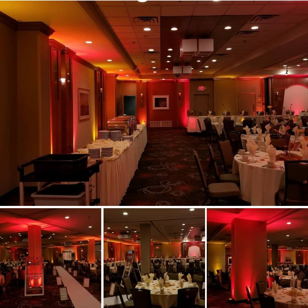 Wedding lighting in dim red at the Duluth Holiday Inn.