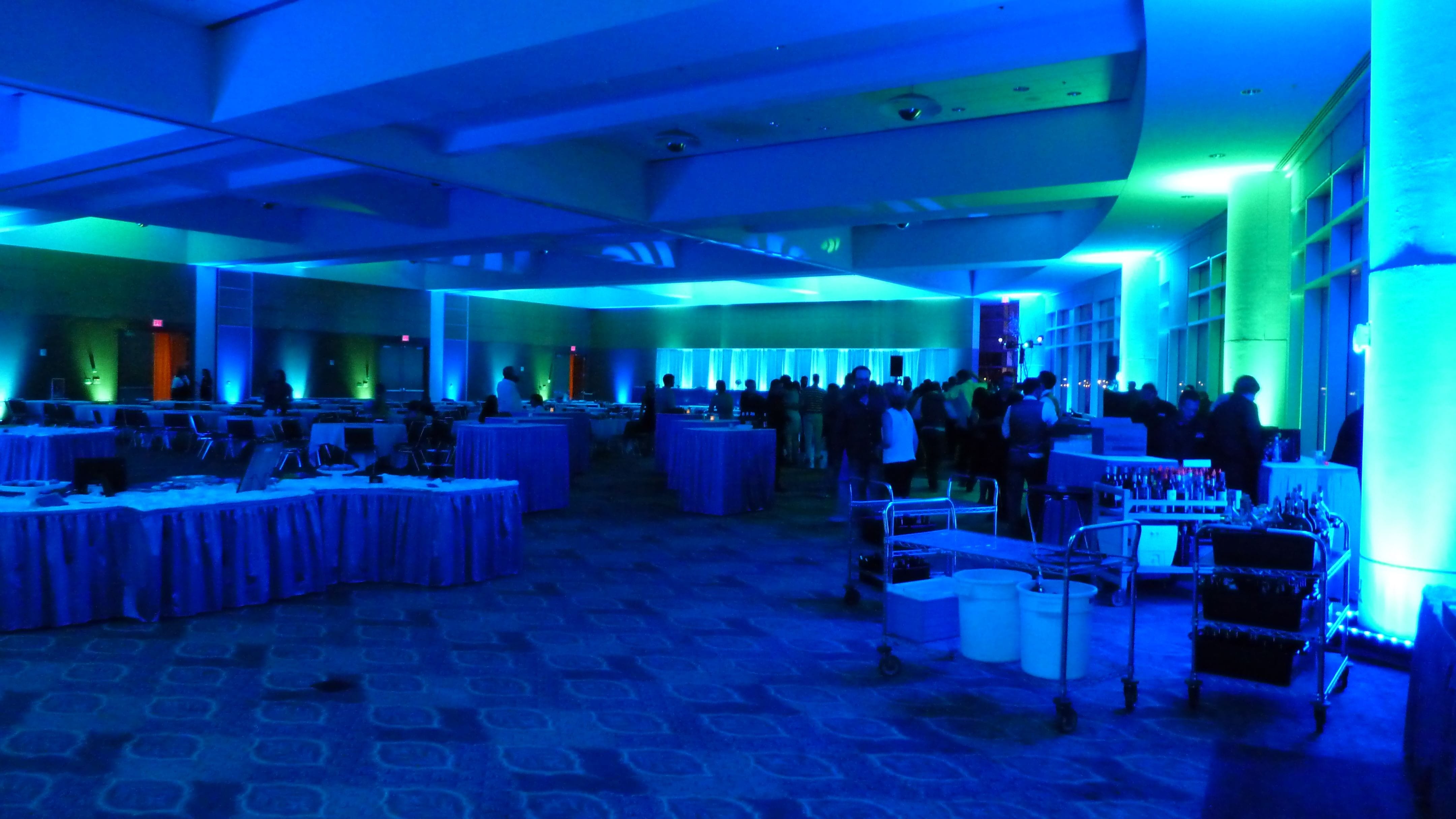 Wedding lighting in blue and green in the Harbor Side Ballroom at the DECC.