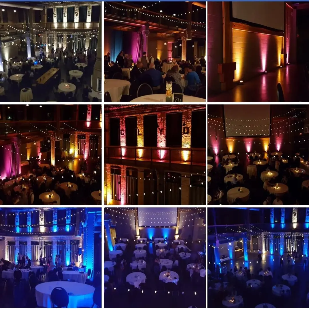 Up lighting by Duluth Event Lighting for weddings at Clyde Iron Works.