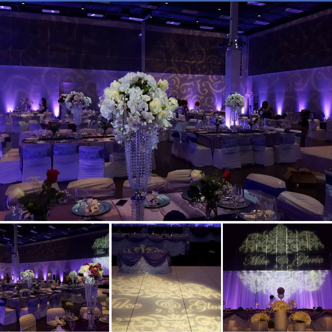 Wedding lighting with purple up lighting and fancy gobo patterns on the walls.