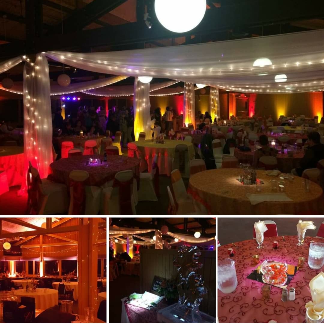 A Spirit Mountain wedding lighting in red and amber by Duluth Event Lighting.