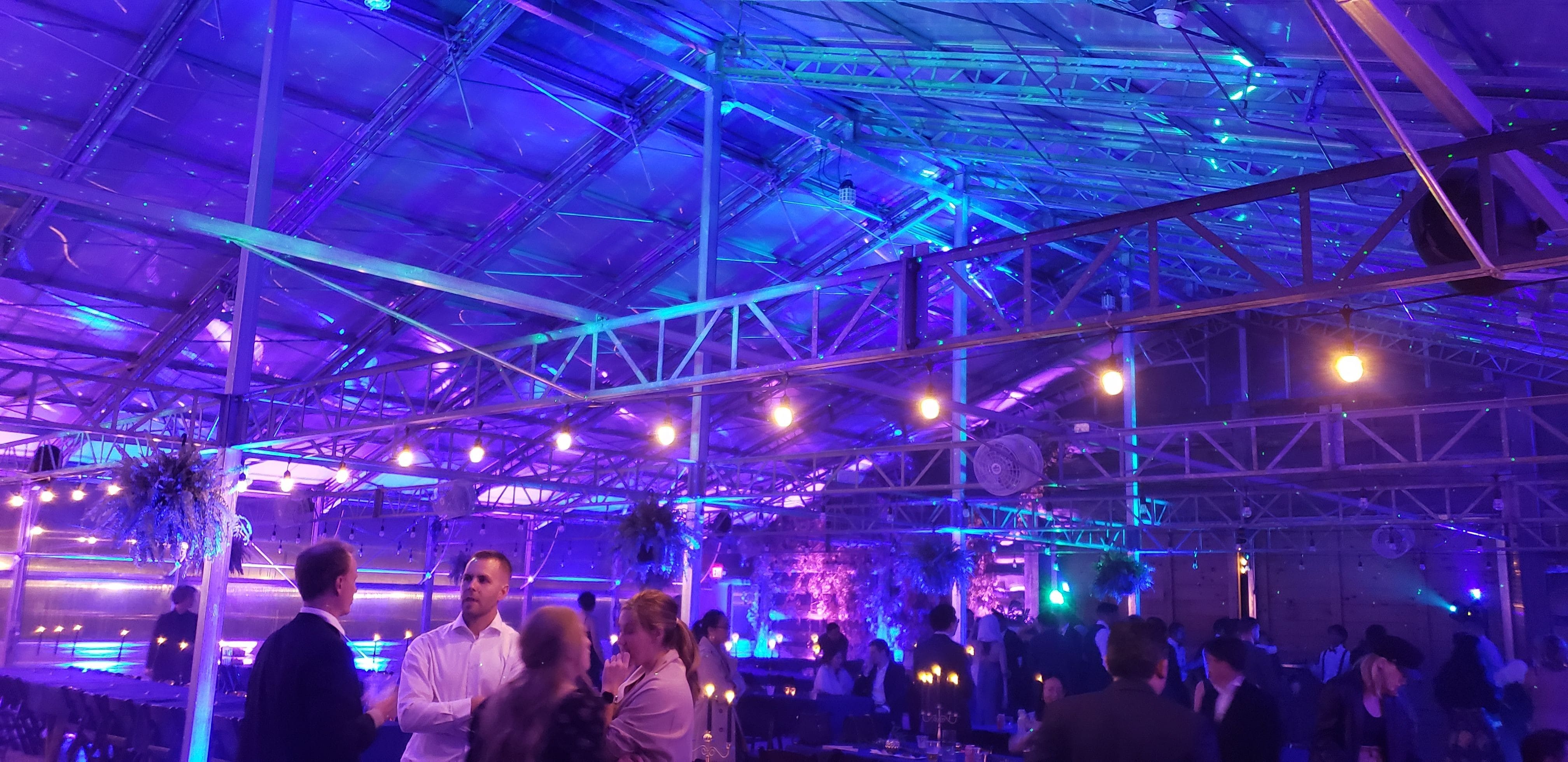 Wedding lighting by Duluth Event Lighting at the Atrium. Up lighting in blue with northern lights on the ceiling.