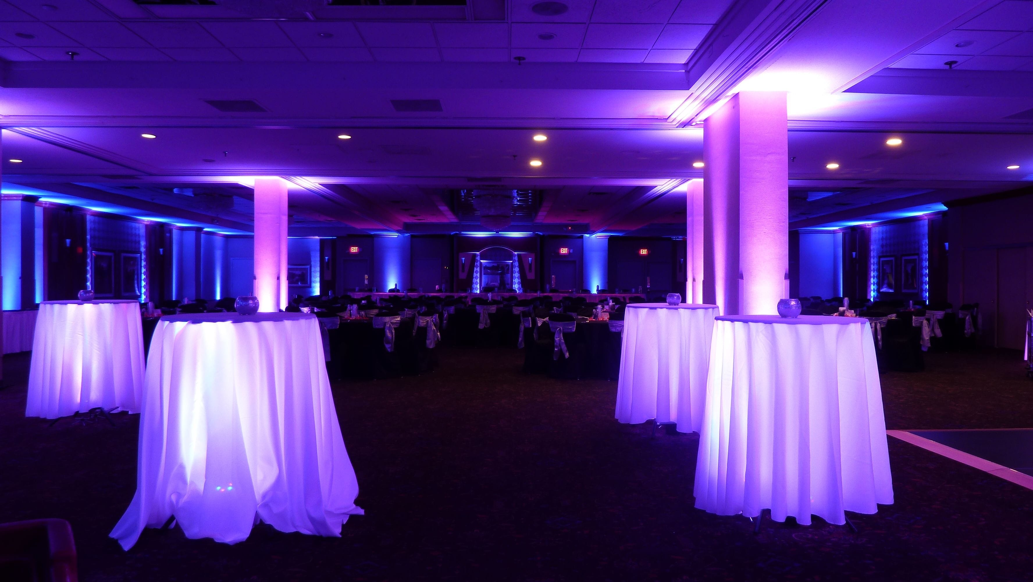 Wedding lighting at the Holiday Inn, Great Lakes Ballroom with glowing cocktail tables.