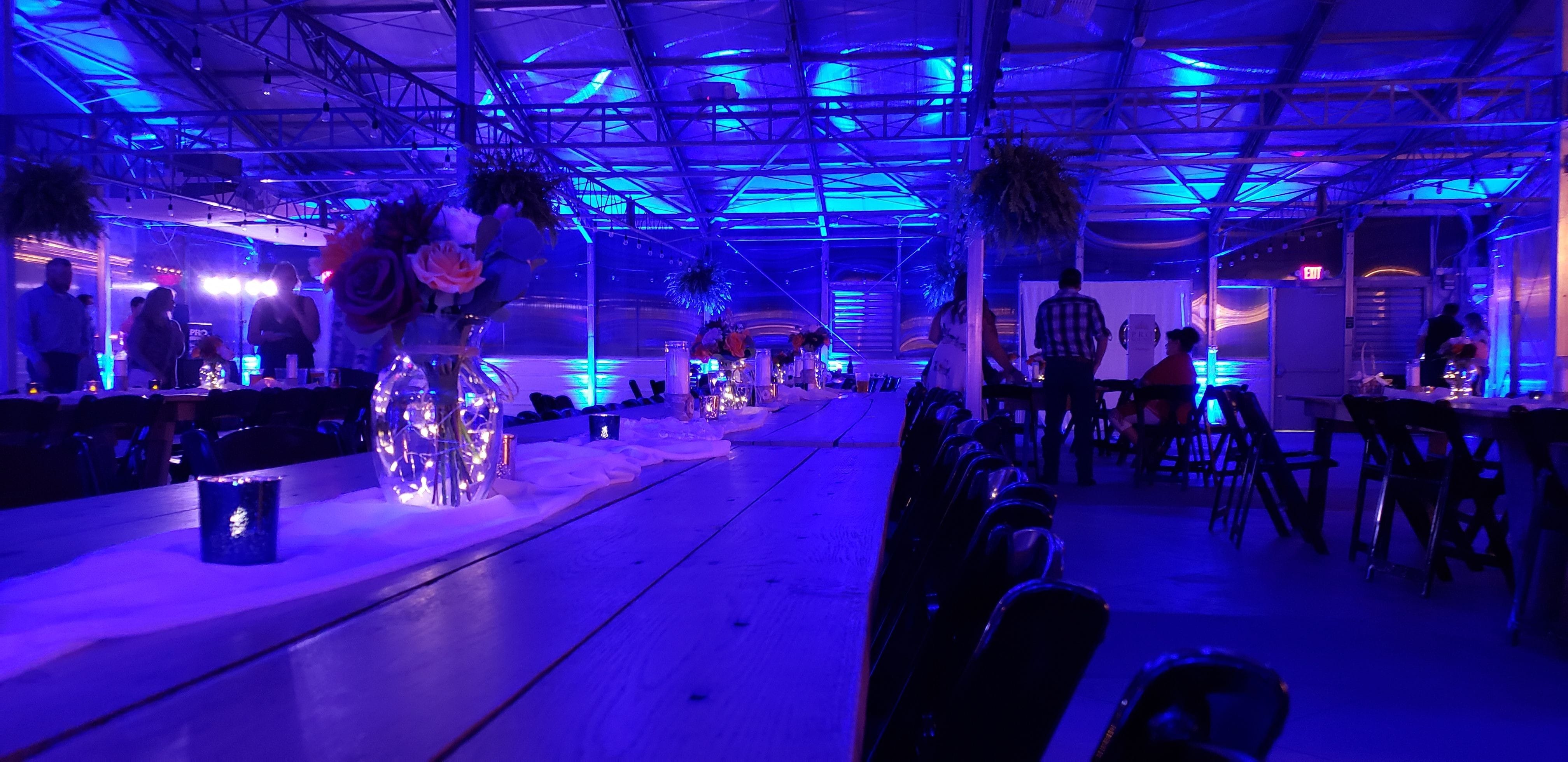 Wedding lighting at the Atrium by Duluth Event Lighting. up lighting in blue.