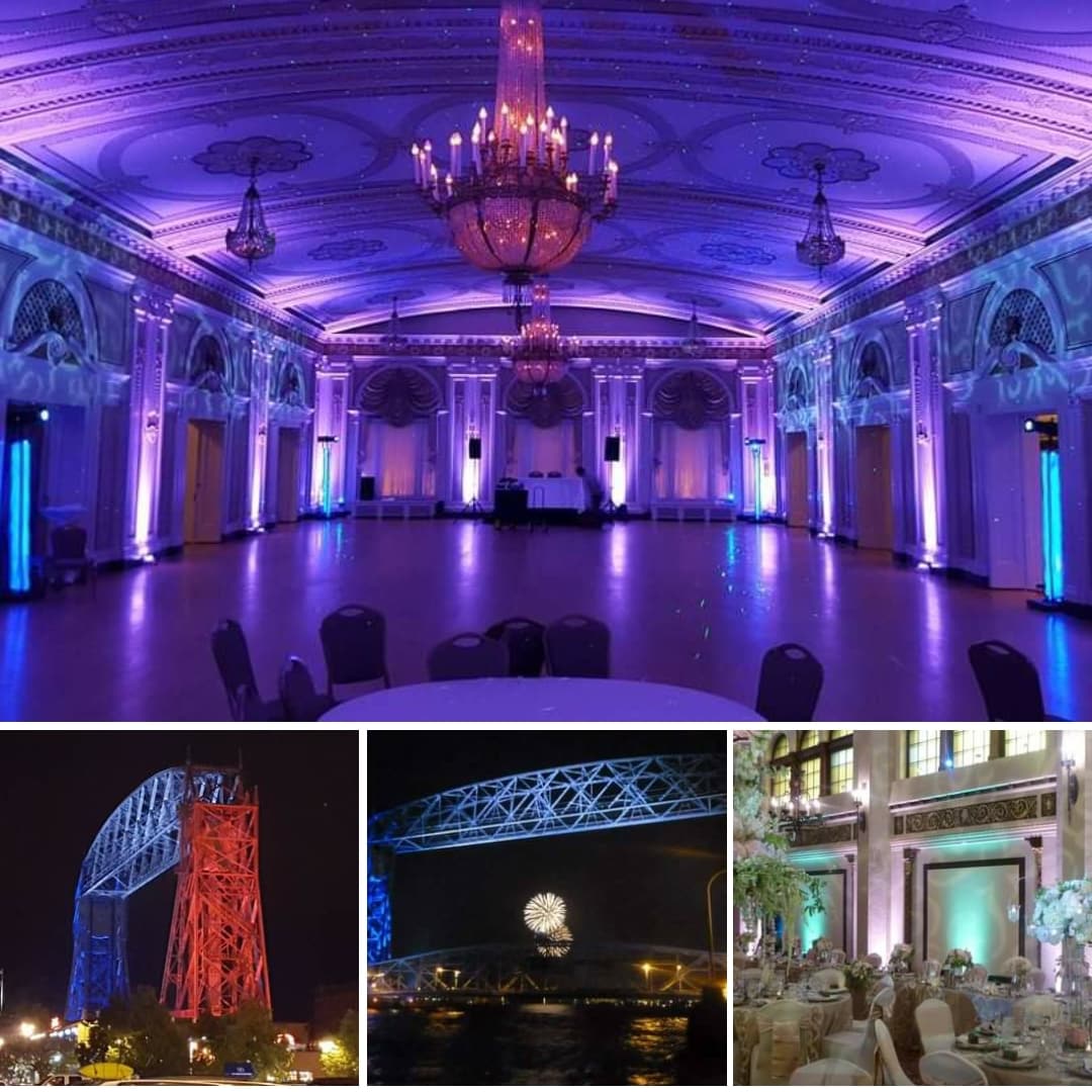 several pictures of different venues with lighting by Duluth Event Lighting.