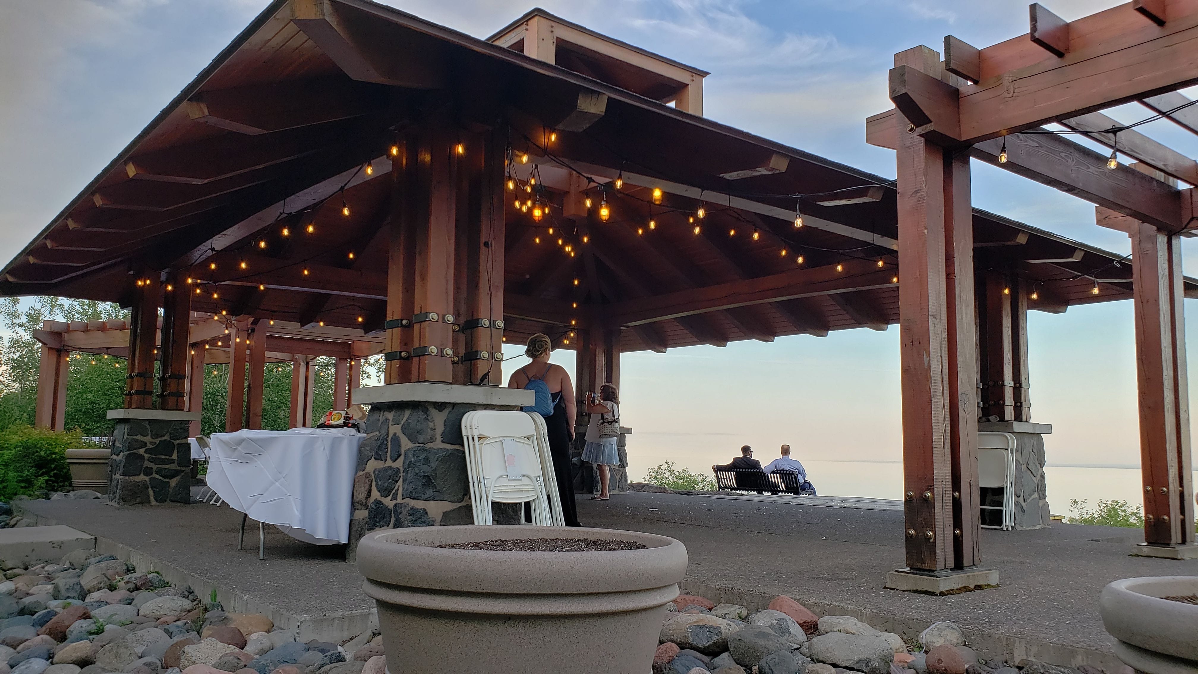 Bistro hung in the pavilion by Duluth Event Lighting for a wedding at Enger Park.