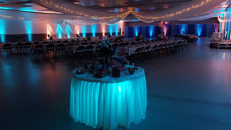 Superior Curling Club.
Up lighting in teal and peach for a wedding.