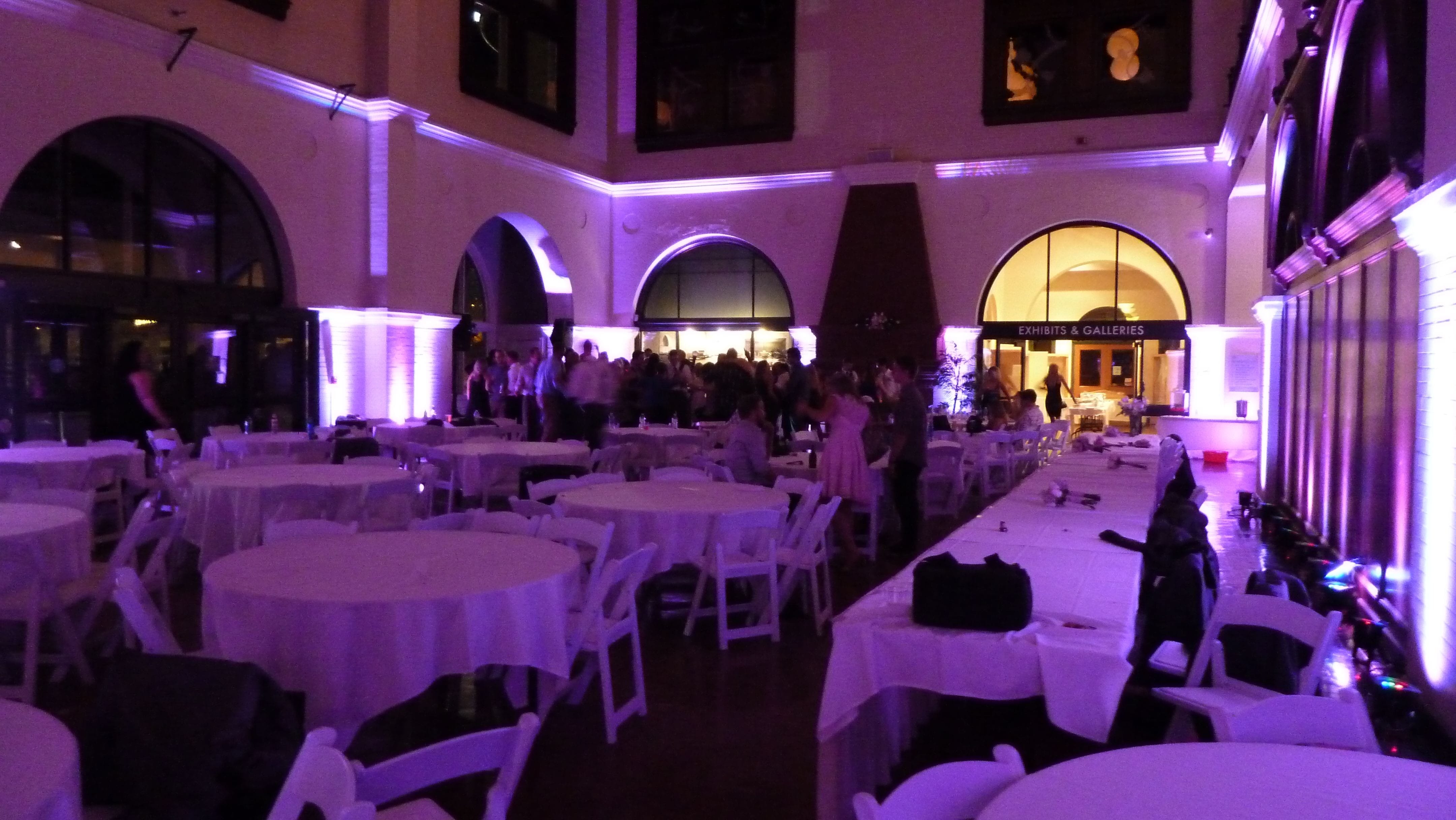 Wedding lighting in the Depot Great Hall in two tone lavender.