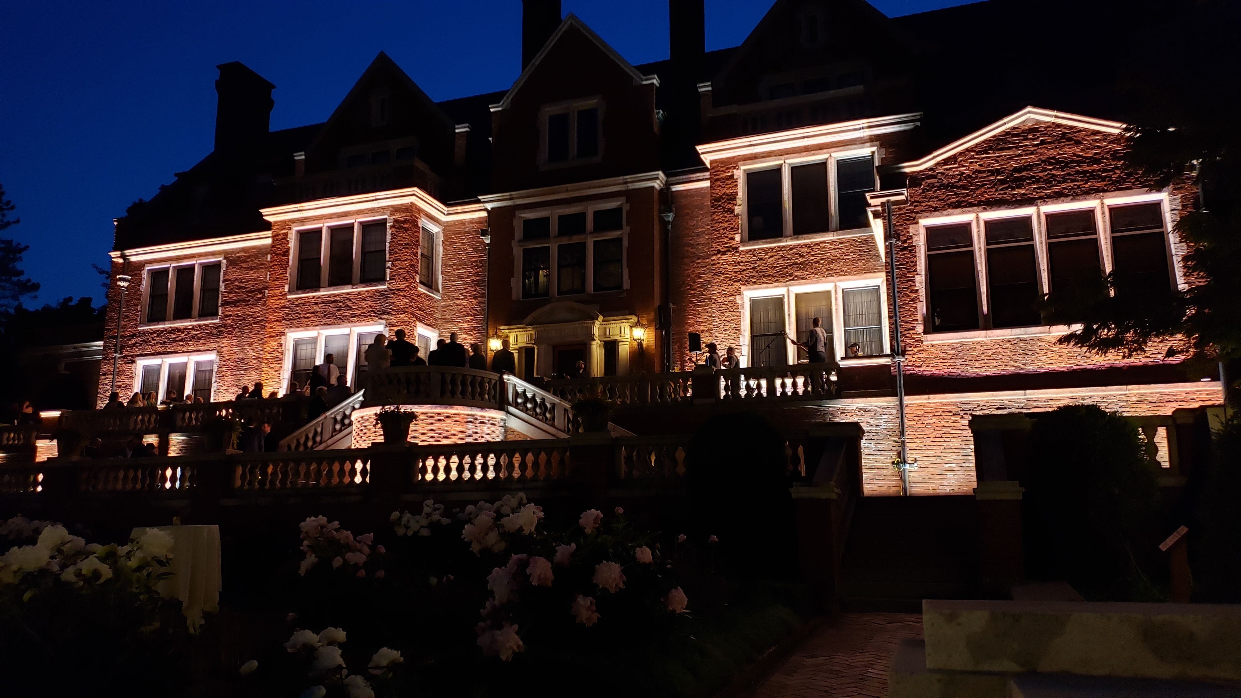 Glensheen Mansion with building lighting.