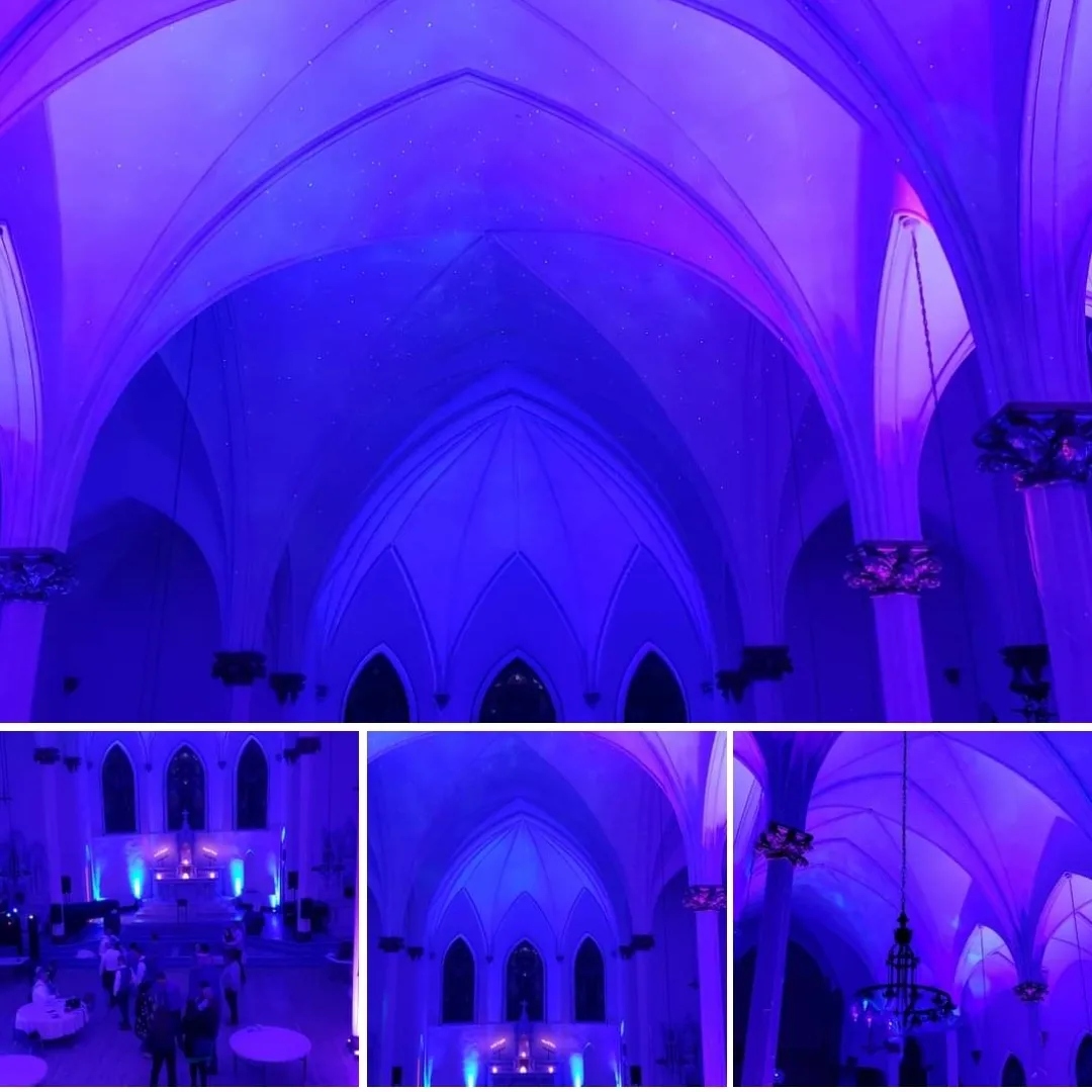 Sared Heart wedding lighting in blue and purple by Duluth Event Lighting.