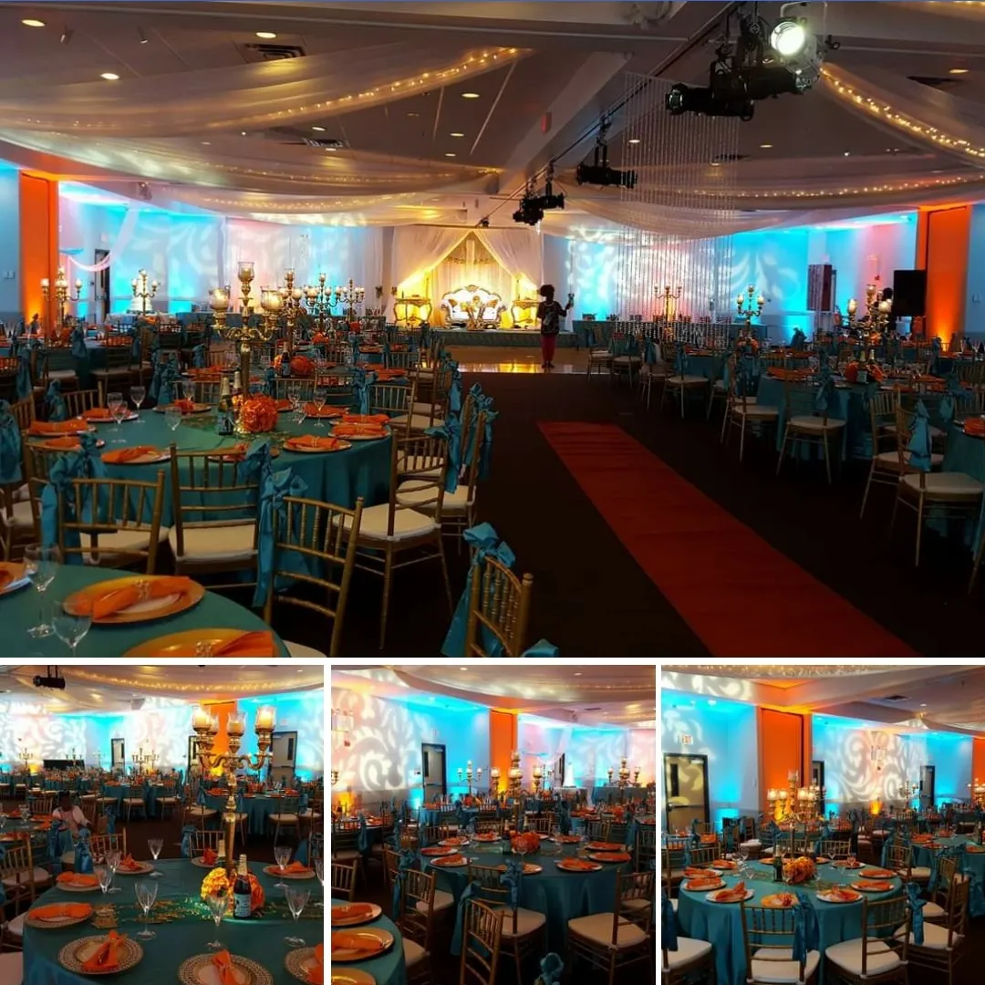 Wedding lighting at the Mounds View Event center with teal and coral up lighting with gobos on the walls.