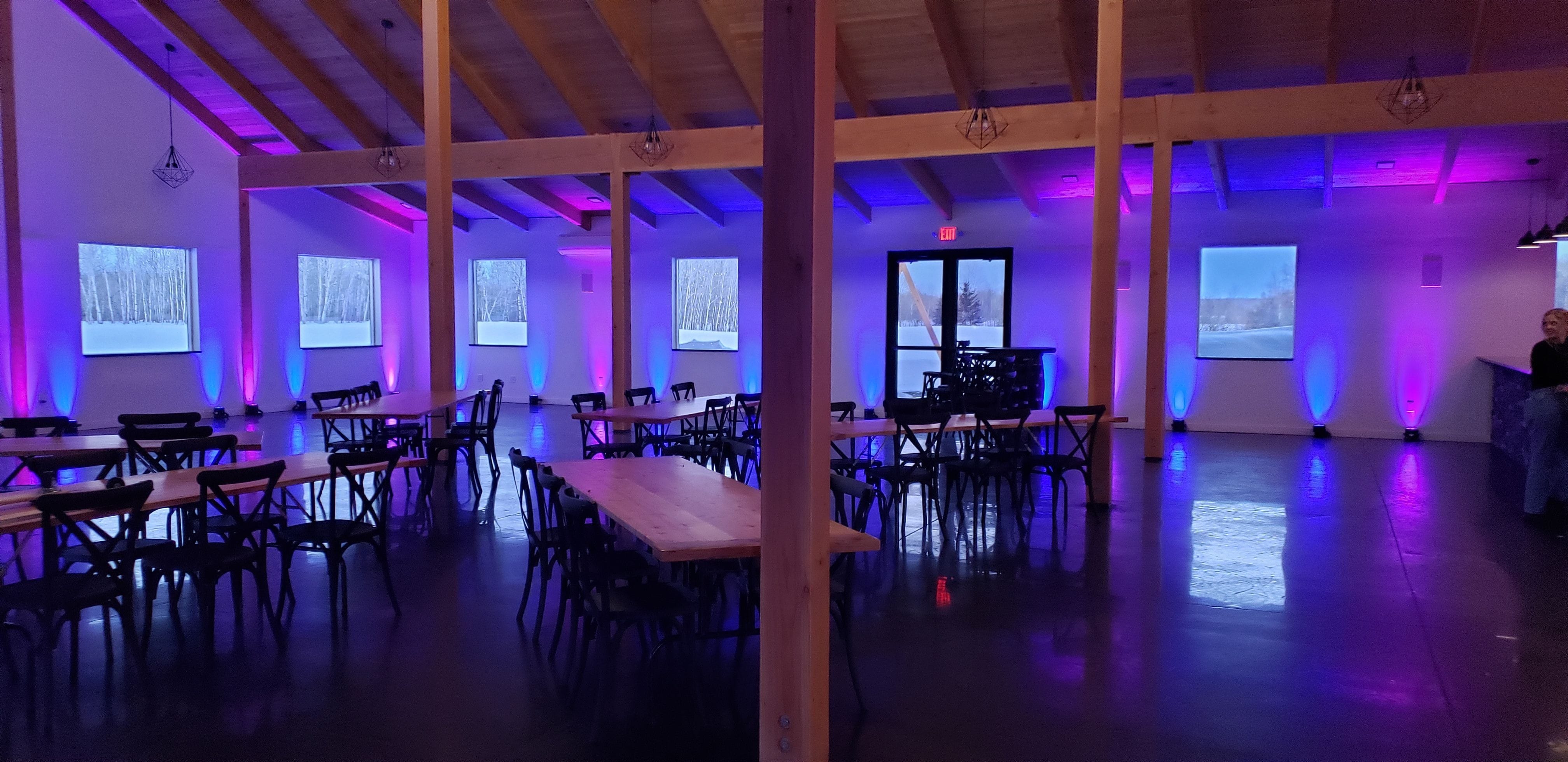 Wedding lighting at Ivy Black with blue and purple up lighting by Duluth Event Lighting