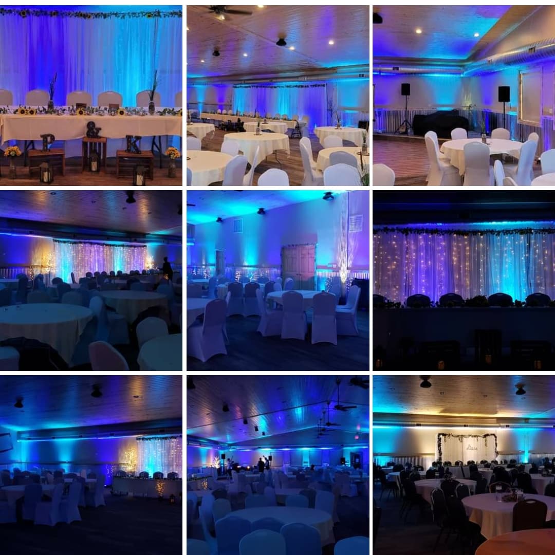 Buffalo House wedding lighting in two tone blue up lighting by Duluth Event Lighting.