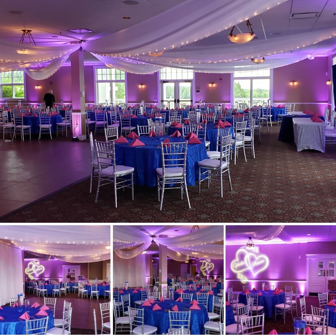 Northland Country Club wedding lighting with lavender pink up lighting and a wedding monogram by Duluth Event Lighting.