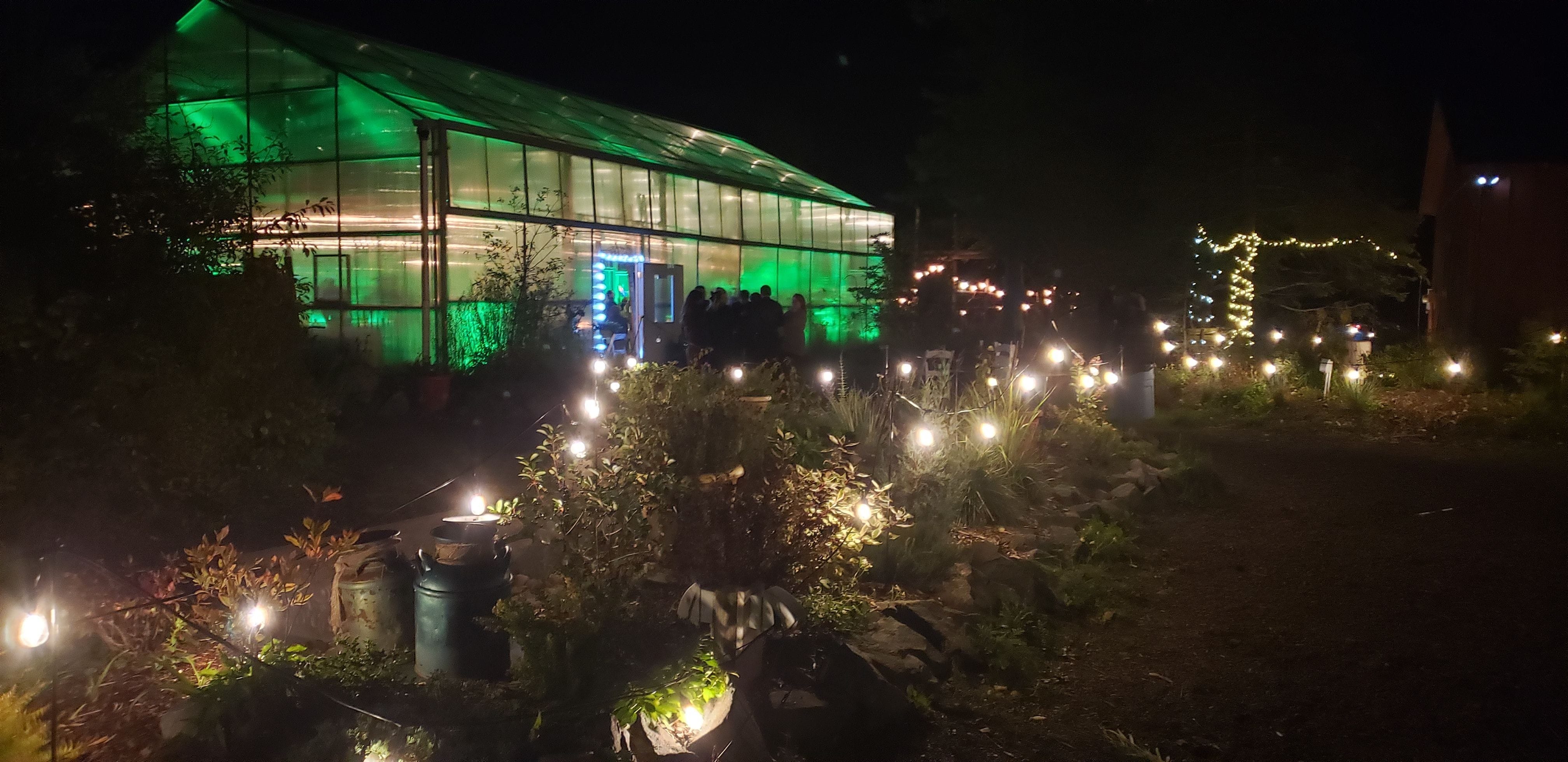 Garden bistro at Sitio with a greenhouse lit with green up lighting