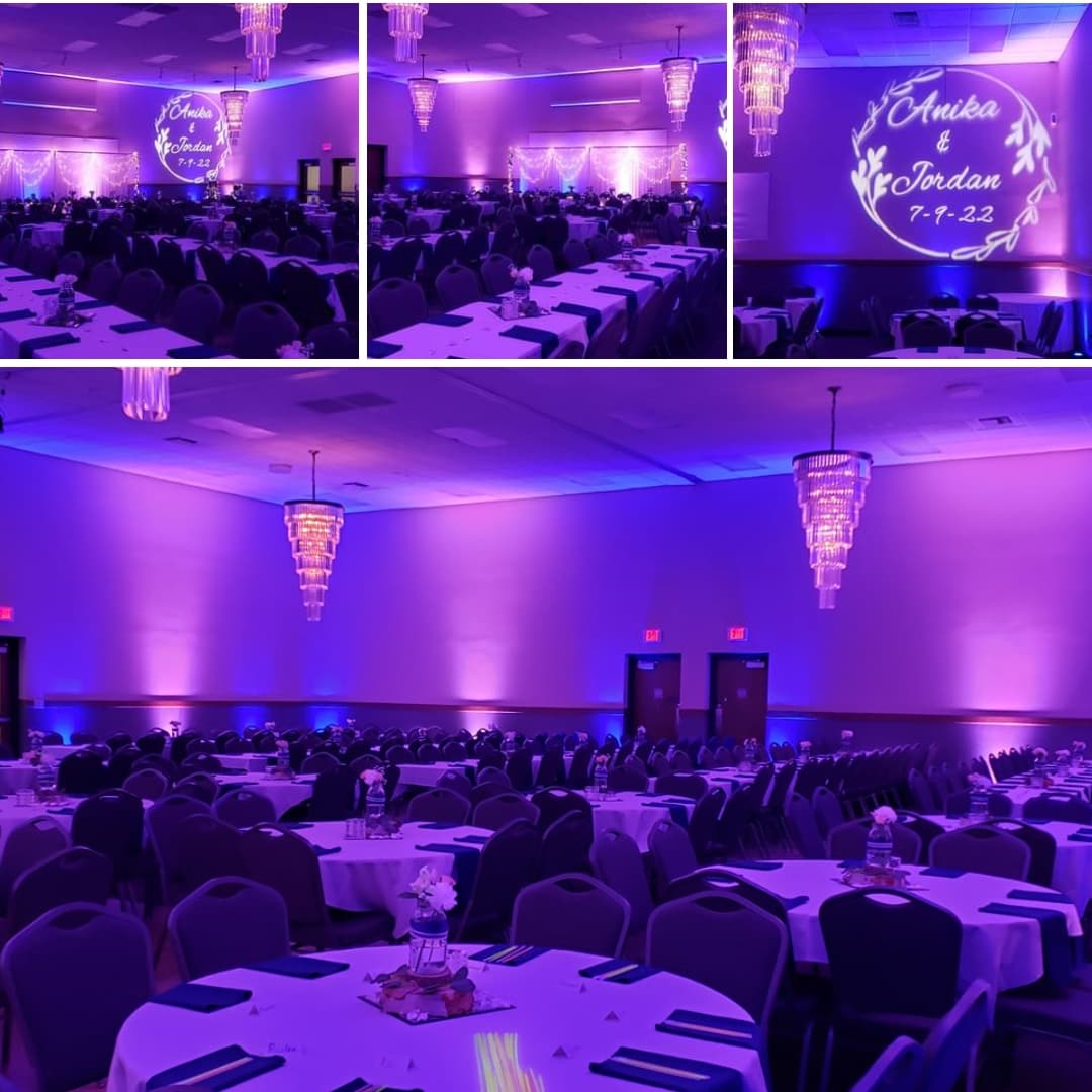 Barker's Island wedding lighting in purple up lighting and a wedding monogram by Duluth Event Lighting.