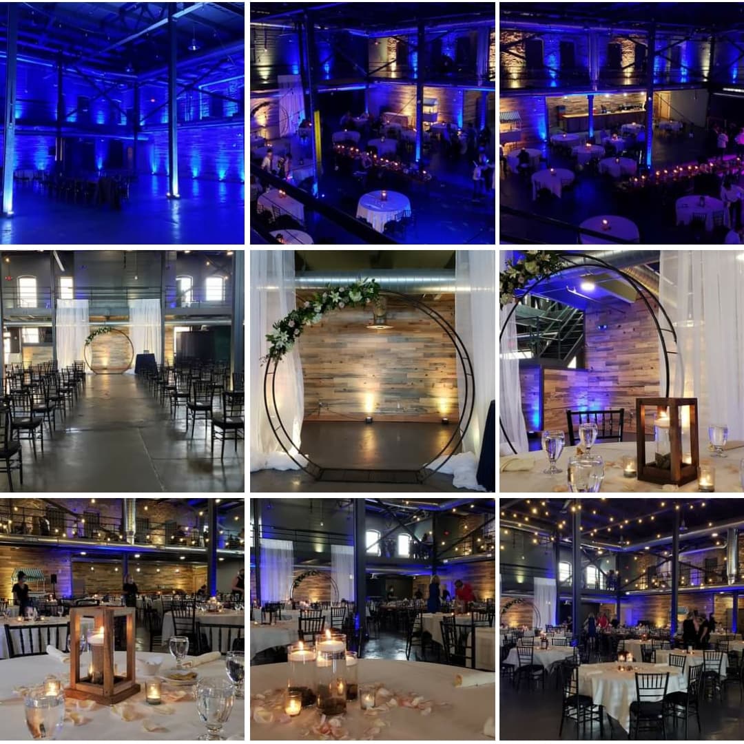 Wedding lighting at the Clyde Malting Building by Duluth Event Lighting.