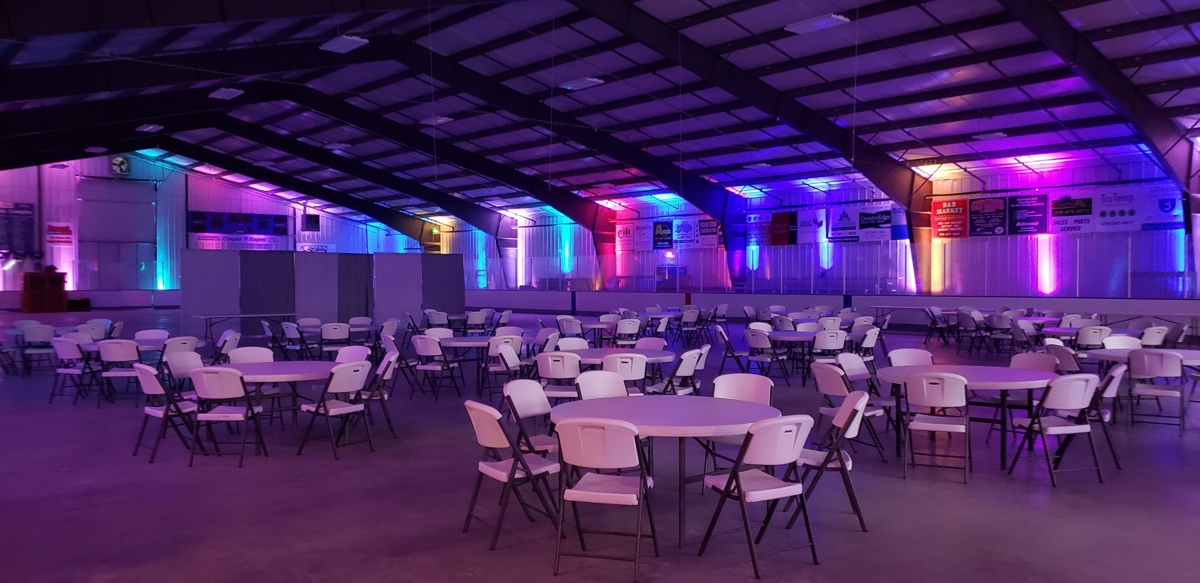 Wedding lighting at the Four Seasons Sports Complex in Carlton. Up lighting in a rainbow of colors.