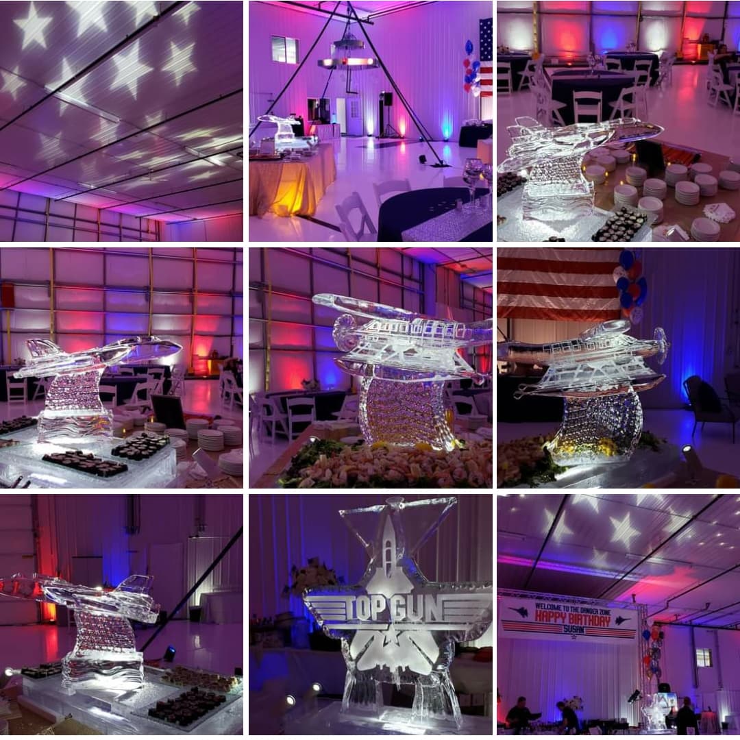 A Top Gun themed party with red white and blue up lighting with star gobos.