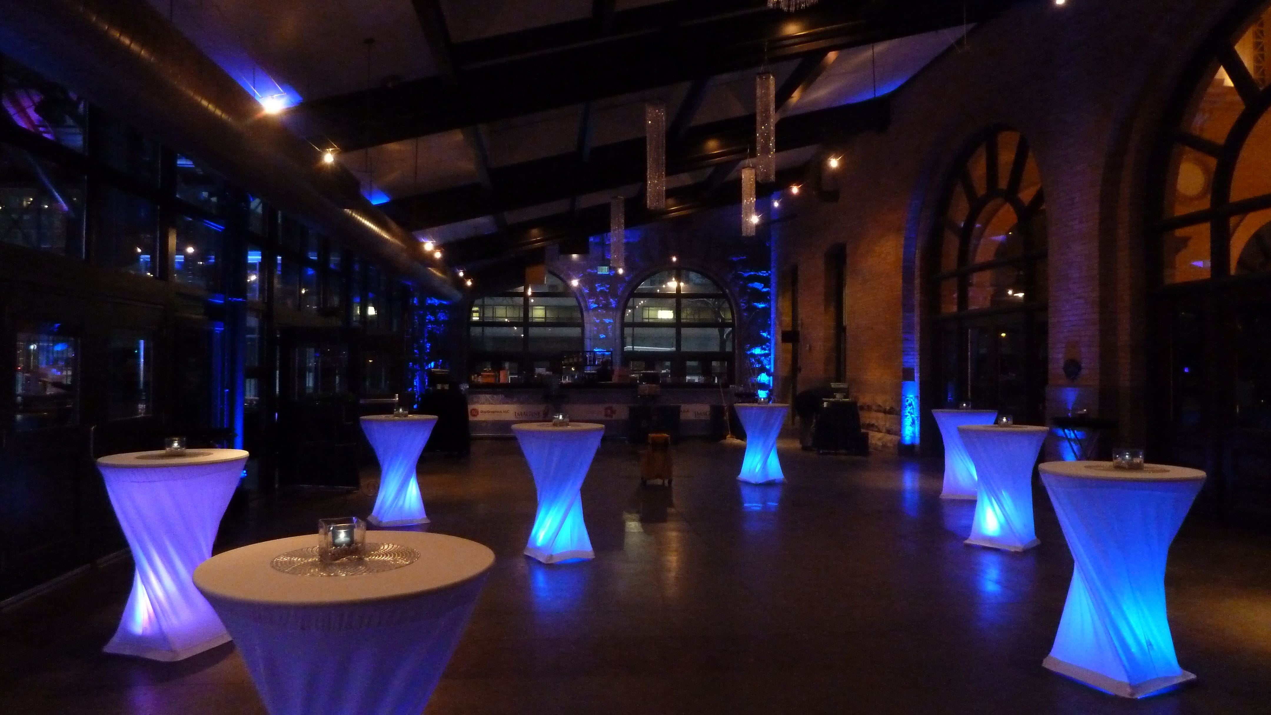 Renaissance Minneapolis, The Depot. Up lighting in blue with snowflake gobos. Decor by Event Lab
