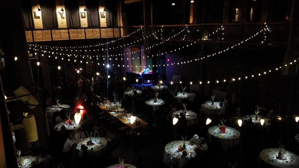 Wedding lighting at Clyde Iron Works with pin spots and bistro.