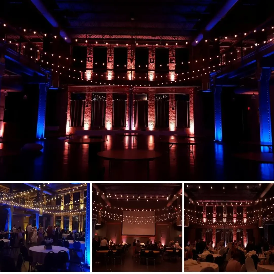 Wedding lighting with peach and blue up lighting at the Clyde Iron Works.