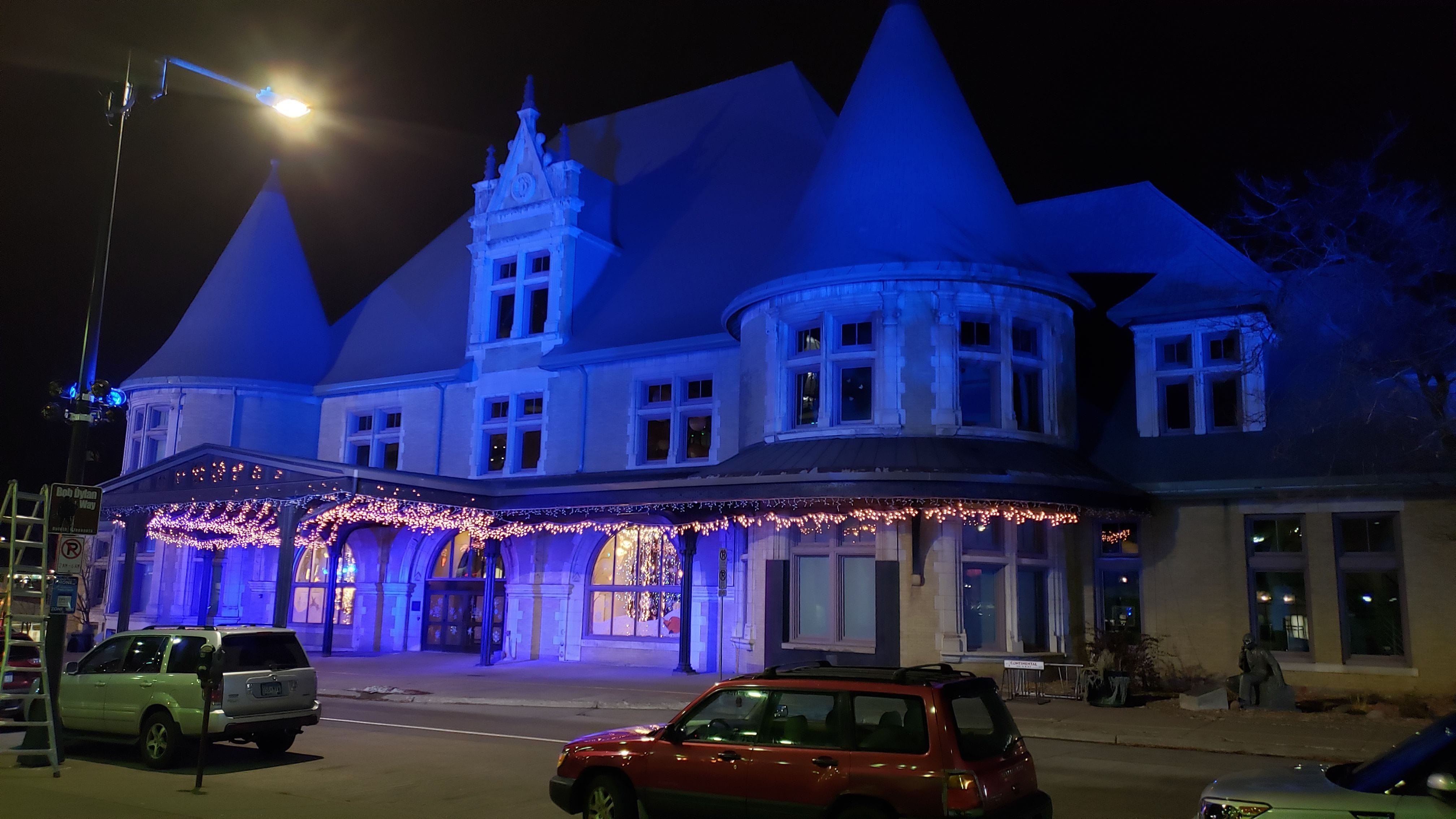 The Duluth Depot with blue lighting.