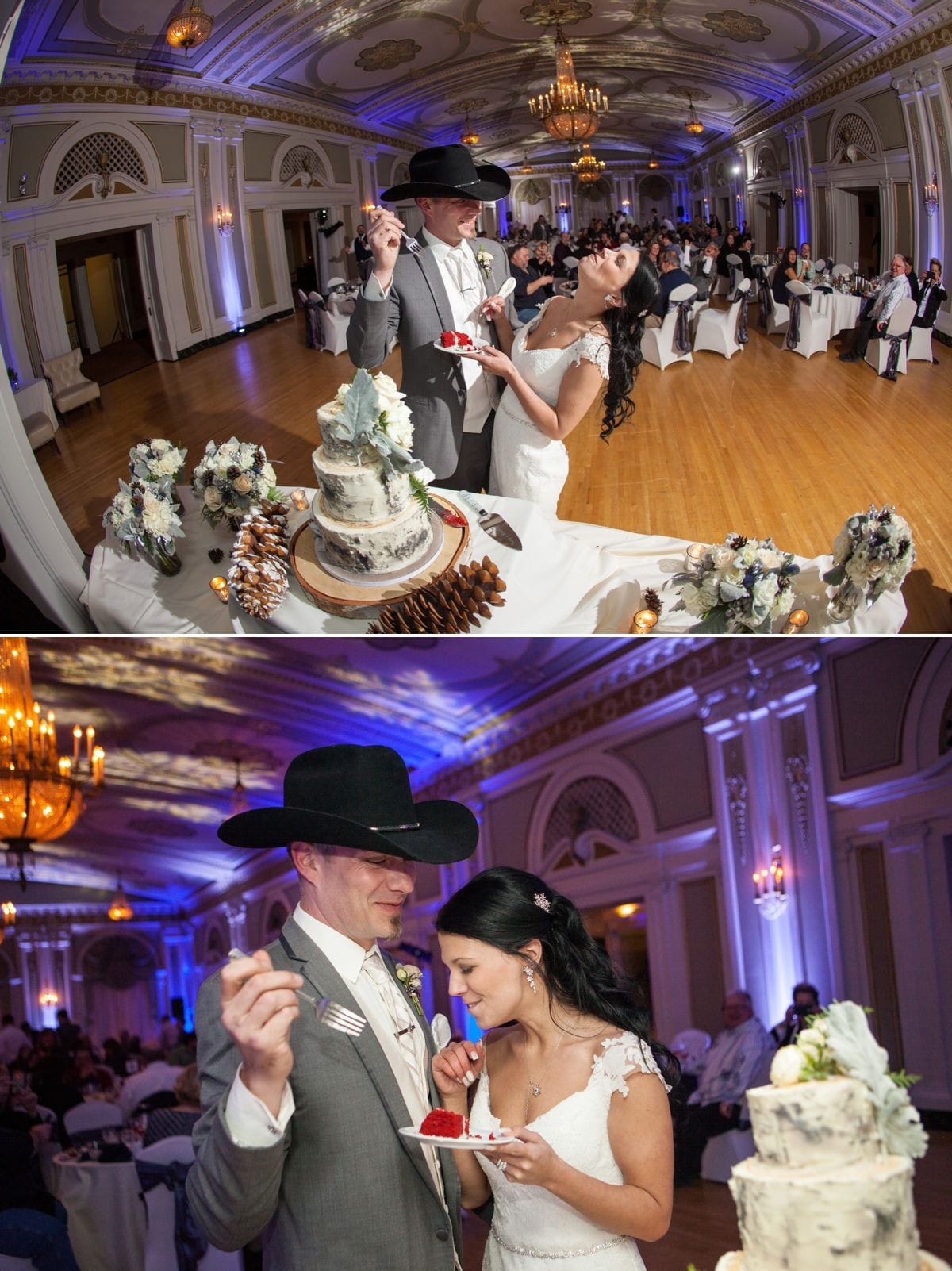 Wedding lighting at Greysolon Ballroom. Up lighting in blue and ice blue. Snowflake gobos on ceiling.
Photo by Al & Lyndsey On3 Photography.
